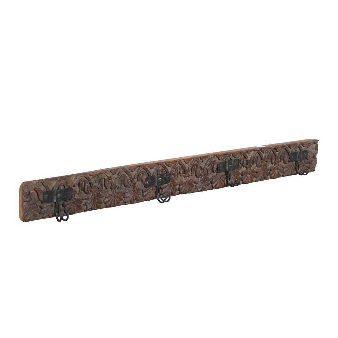 Antique Weathered Grey Brown Teak & Iron Coat Hook Panel, Vintage Indian Carved Wall Rack, 108cm