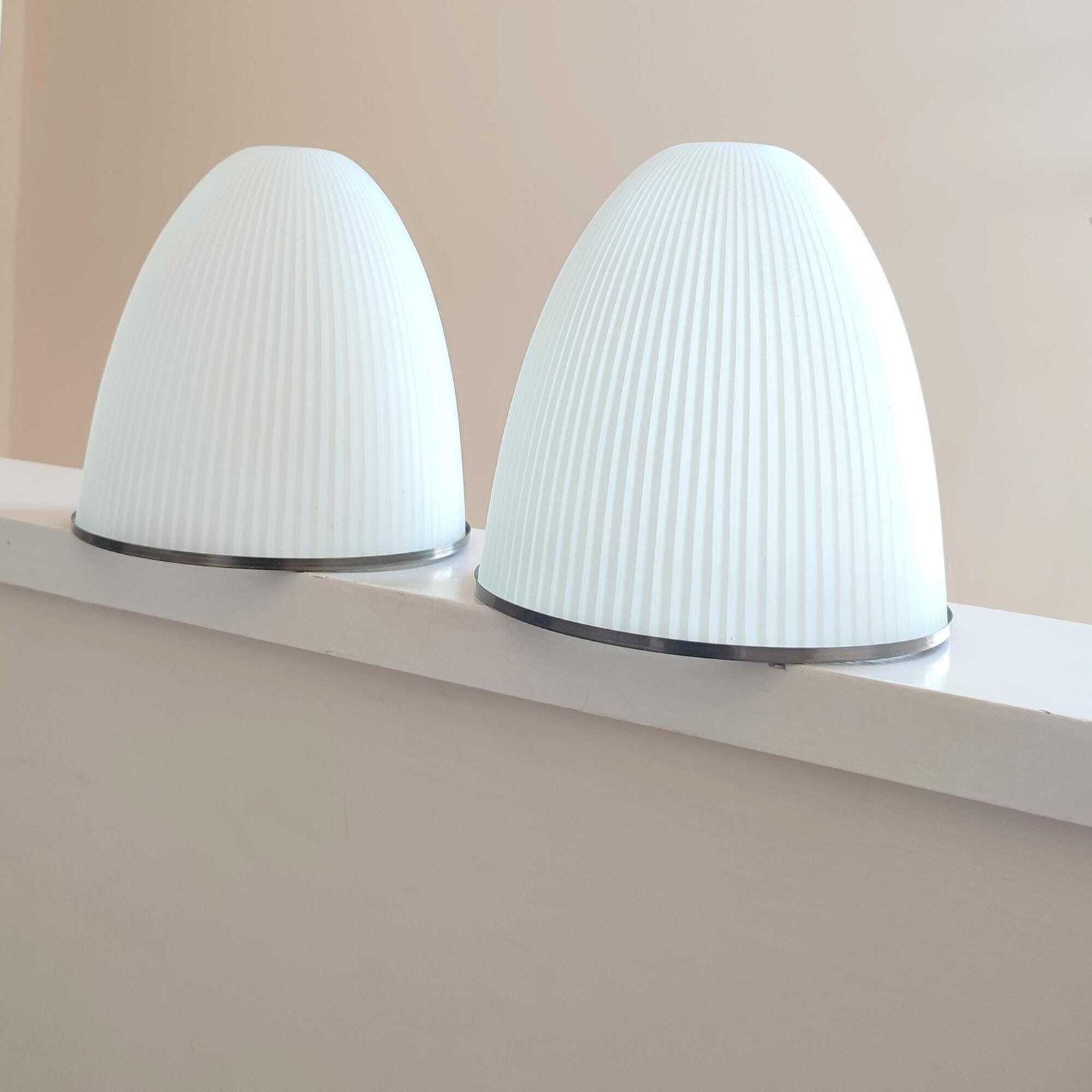 Pair Of Mid Century Vintage Holophane Style Pendant Light Shades   Prismatic Ribbed Frosted Glass   Ceiling / Wall Light Sconce   Diffuser photo furniture