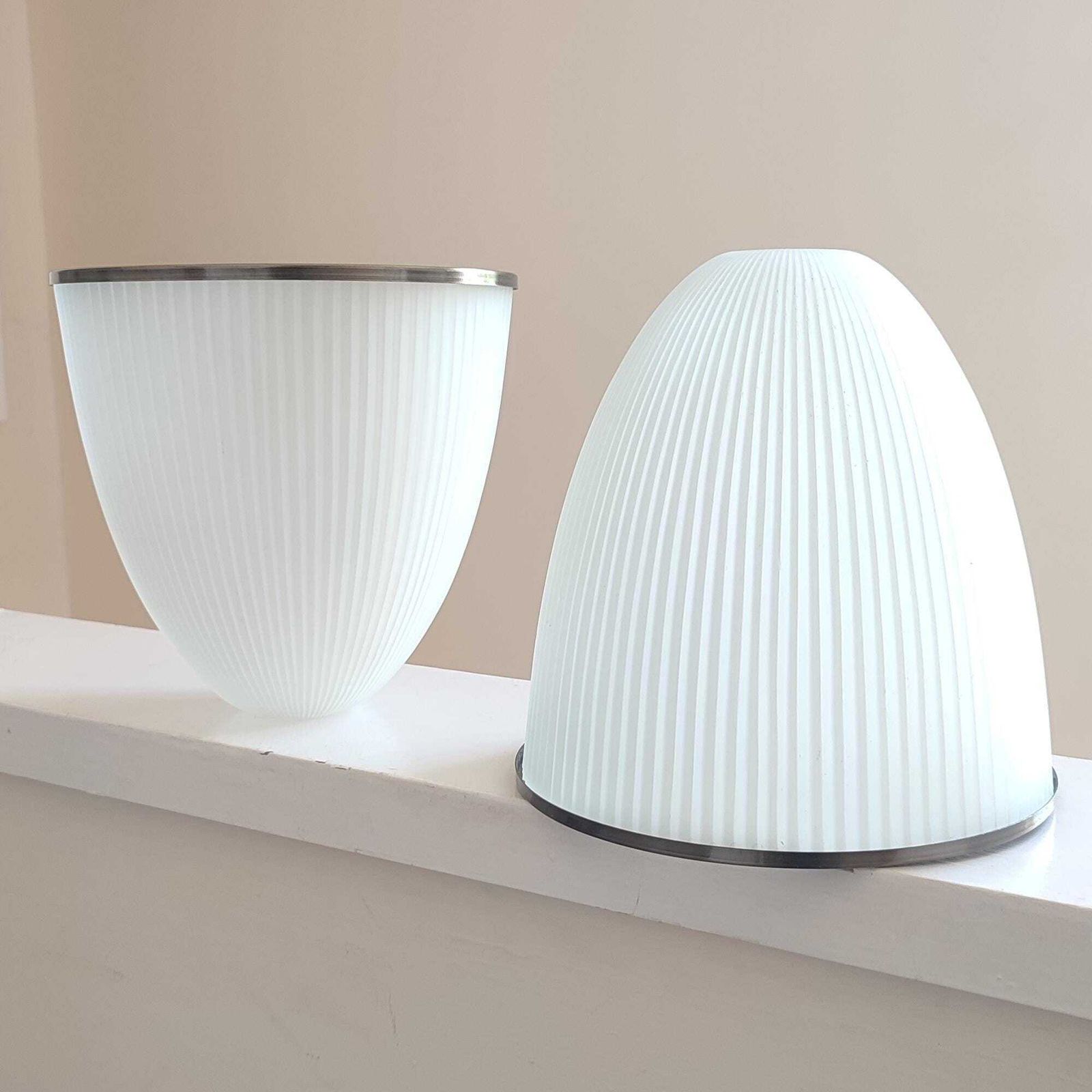 Pair Of Mid Century Vintage Holophane Style Pendant Light Shades   Prismatic Ribbed Frosted Glass   Ceiling / Wall Light Sconce   Diffuser photo for sale