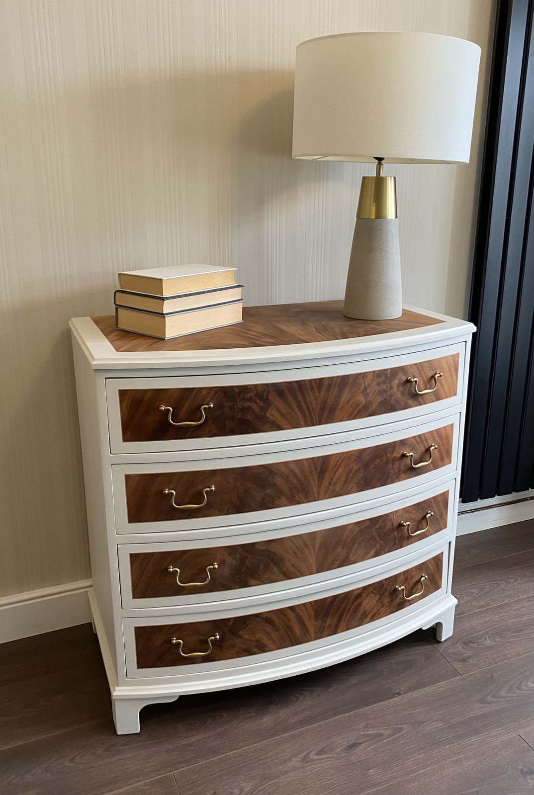 Refurbished Wood Walnut Veneer Painted Chest Of Drawers Light Cream photo for sale