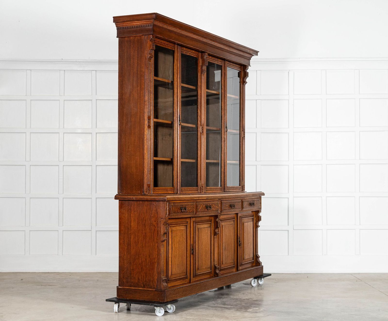 Monumental English 19thc Oak Glazed Library Bookcase photo for sale