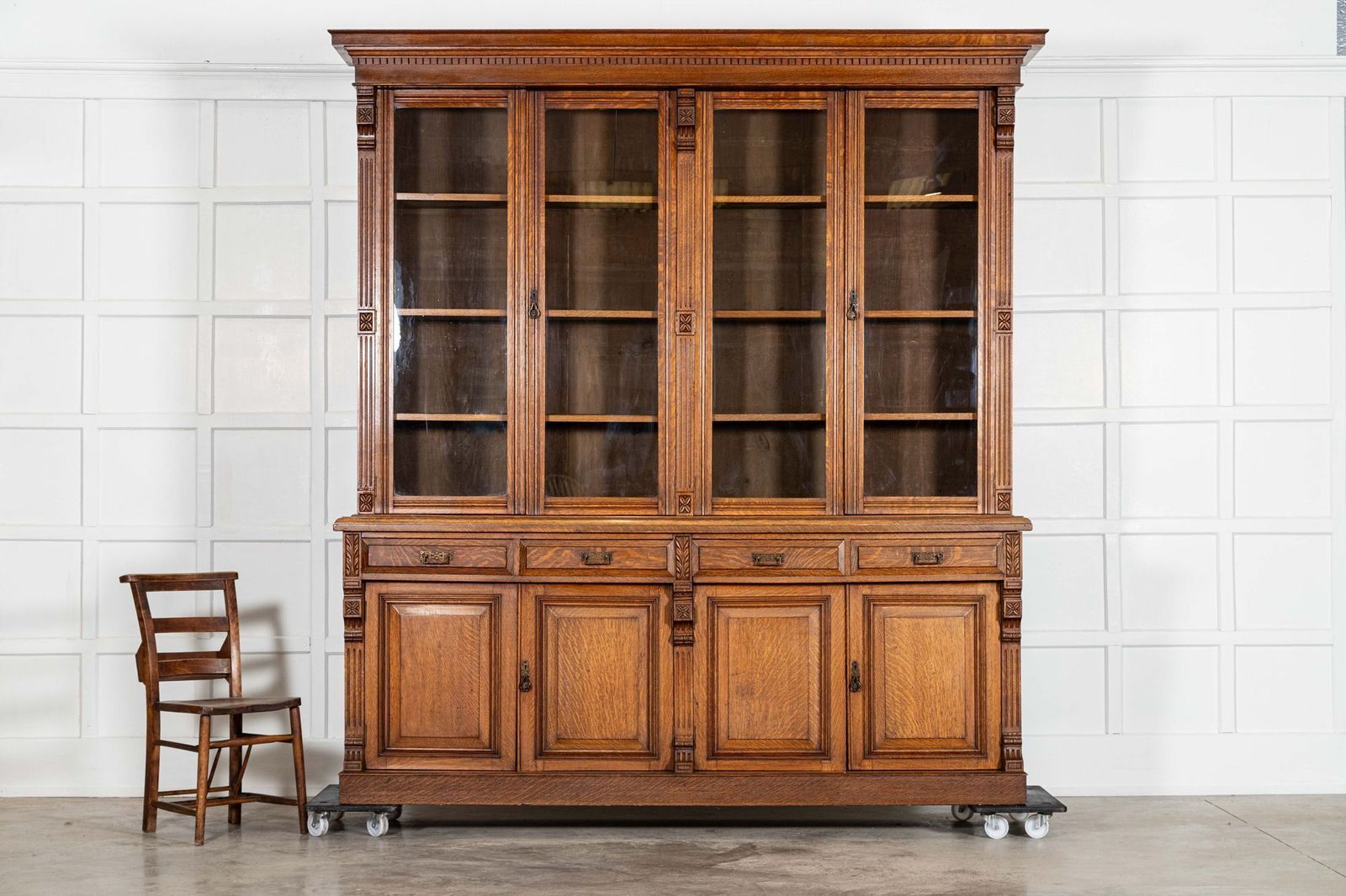 Monumental English 19thc Oak Glazed Library Bookcase photo Furniture