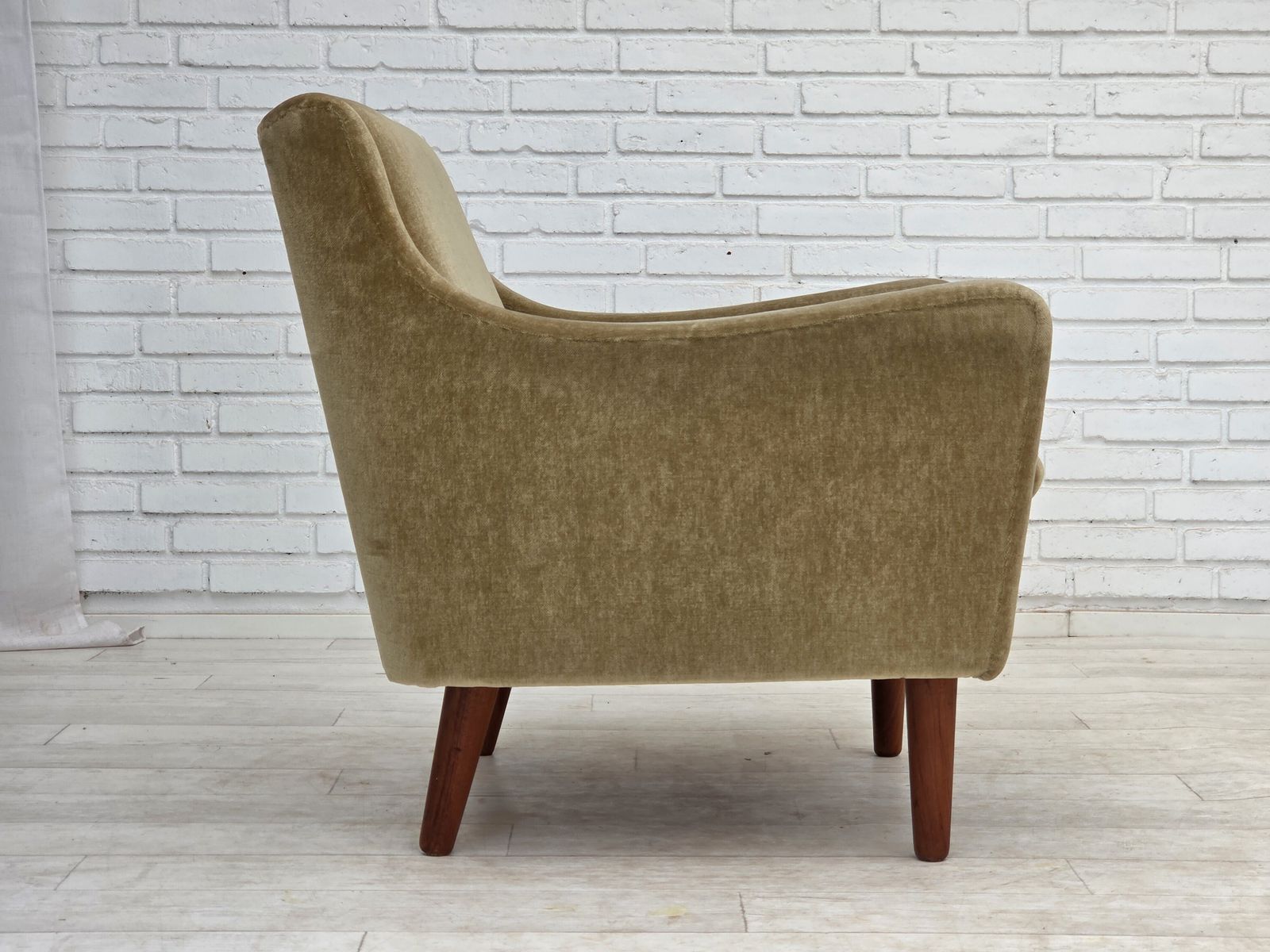 1970s, Danish Armchair, Original Green Furniture Velour, Teak Wood Legs. photo vintage
