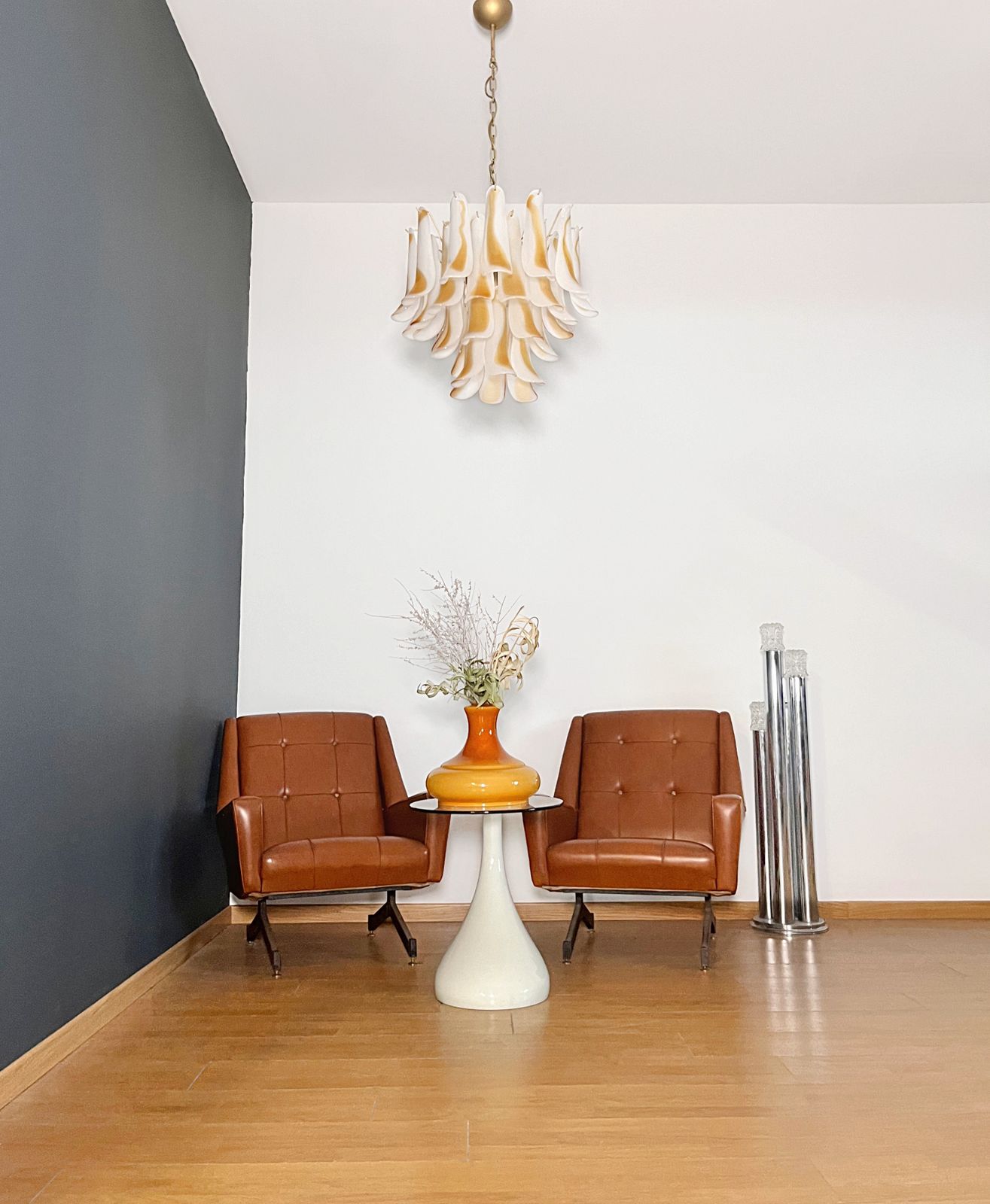 Italian Vintage Murano Chandelier   36 Acid Etched Amber Glass Petals photo furniture