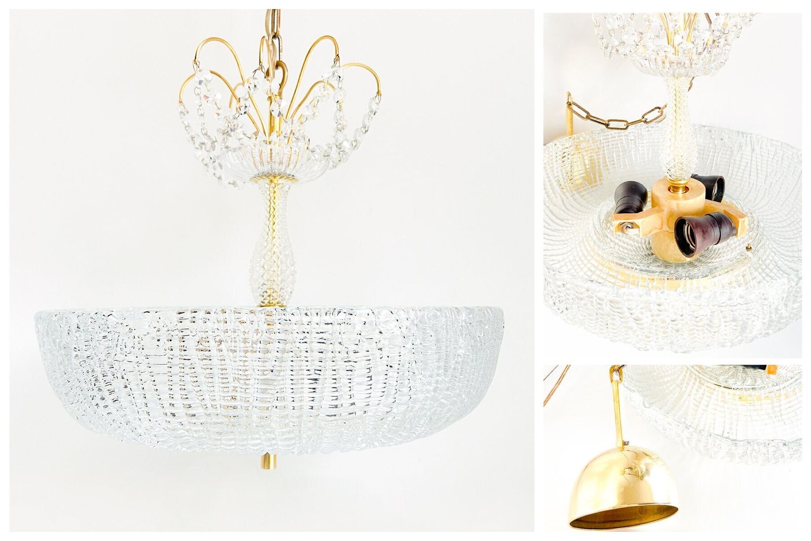 Vintage Luxury Chandelier Lamp – Brass, Crystal – Kalmar – Orrefors – Fagerlund  – Regency – 60/70's photo vintage