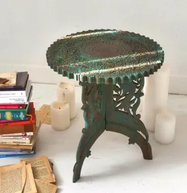 Oriental Little Round Table | Carved, Hand Painted Patina | Blue, Teal