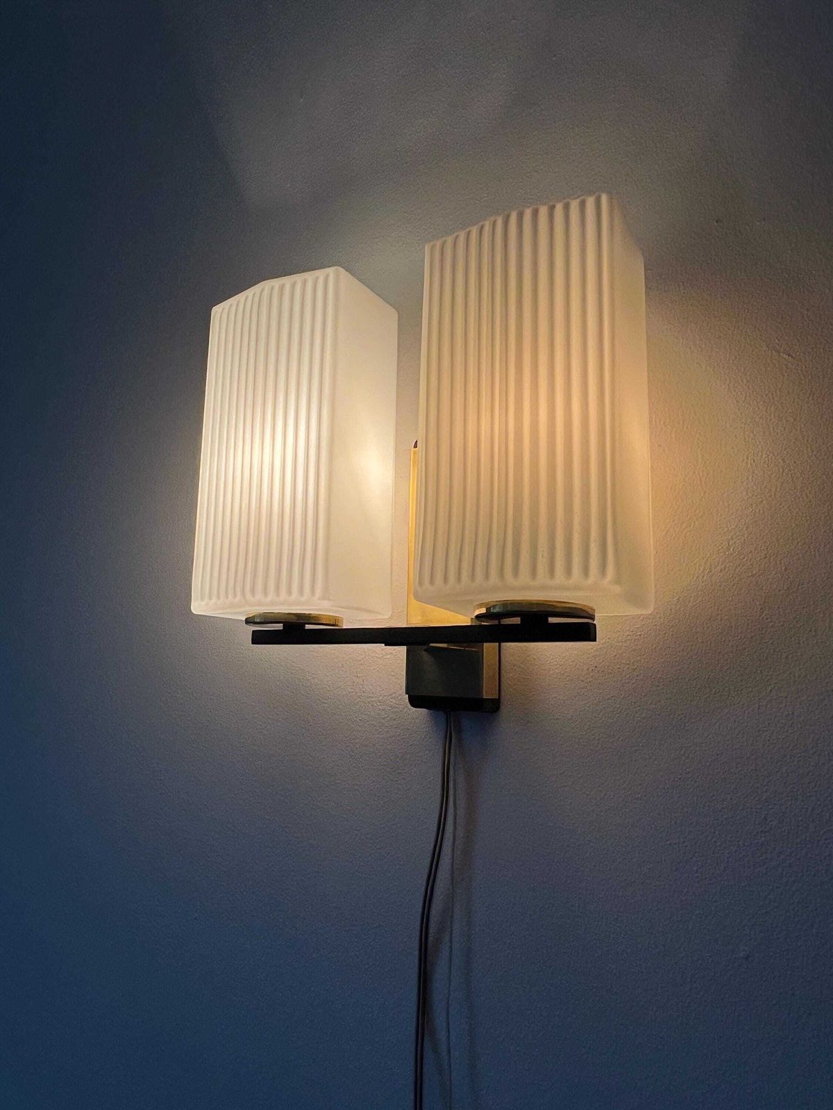 Vintage Wall Lamp With Opal Glass Shades   Brass, Glass   Europe   60s photo buy