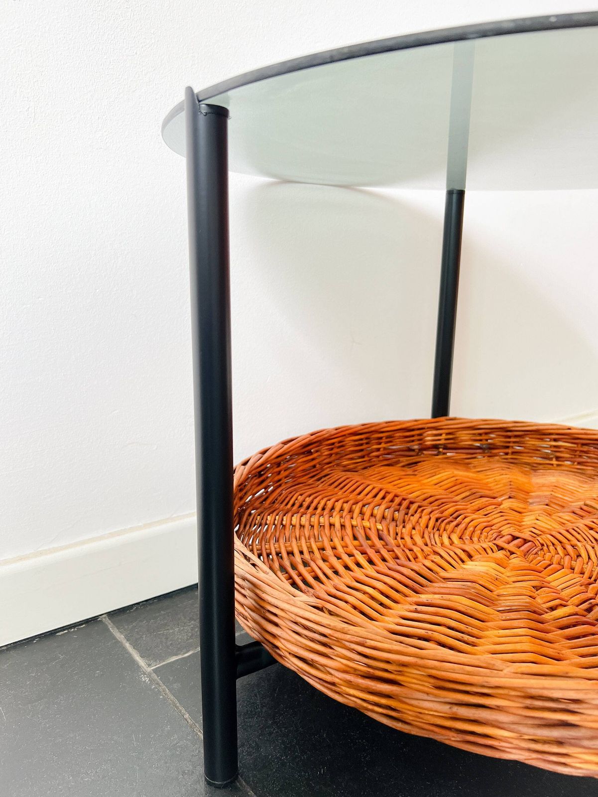Vintage Coffee Table / Side Table Rohé Noordwolde   Smoked Glass   Wicker Basket   Dutch Design   60s   Mid Century photo vintage