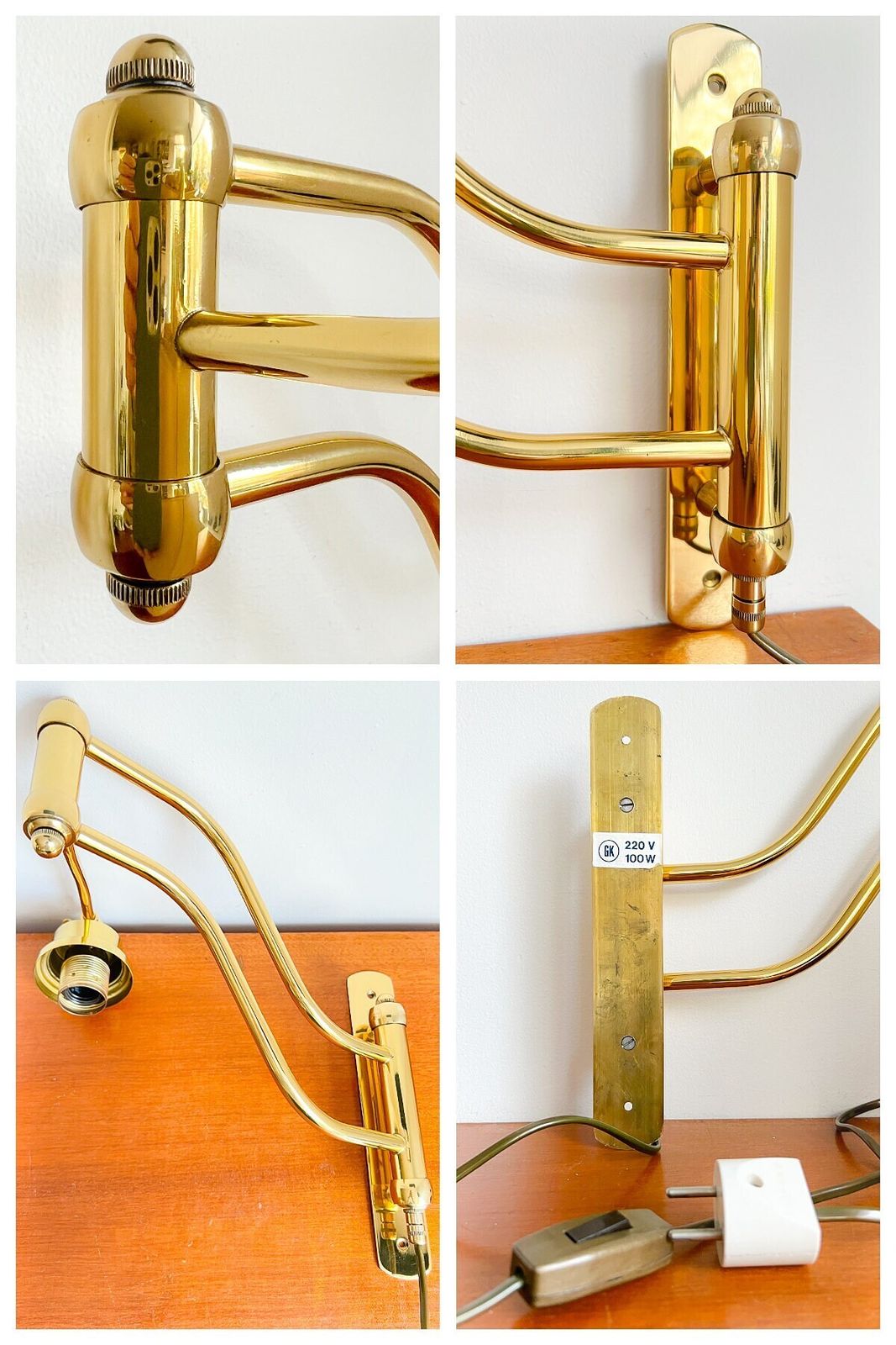 photo furniture Vintage Wall Light With Adjustable Swing Arm   Brass, Off White Lampshade   Mid Century   Gk