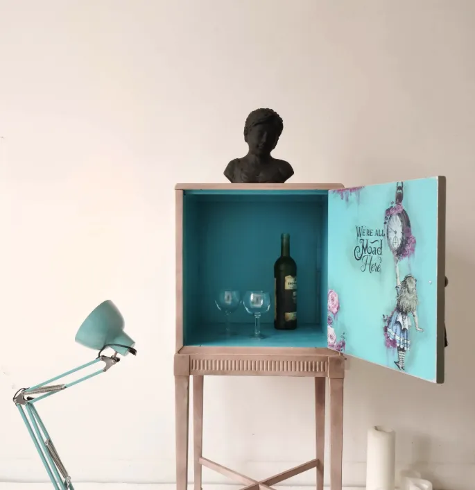 Drinks Cabinet, Hand Painted In Pink And Blue Interior With Alice In Wonderland Transfer Inside photo furniture