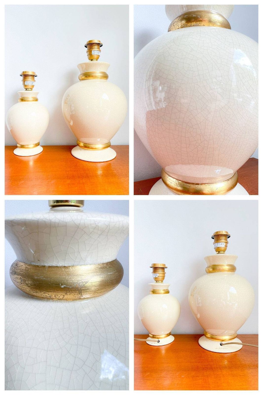 Vintage 'Maison Le Dauphin' – Set Of 2 Table Lamps – Ceramic Crackle Ivory / Gold – French Design photo vintage