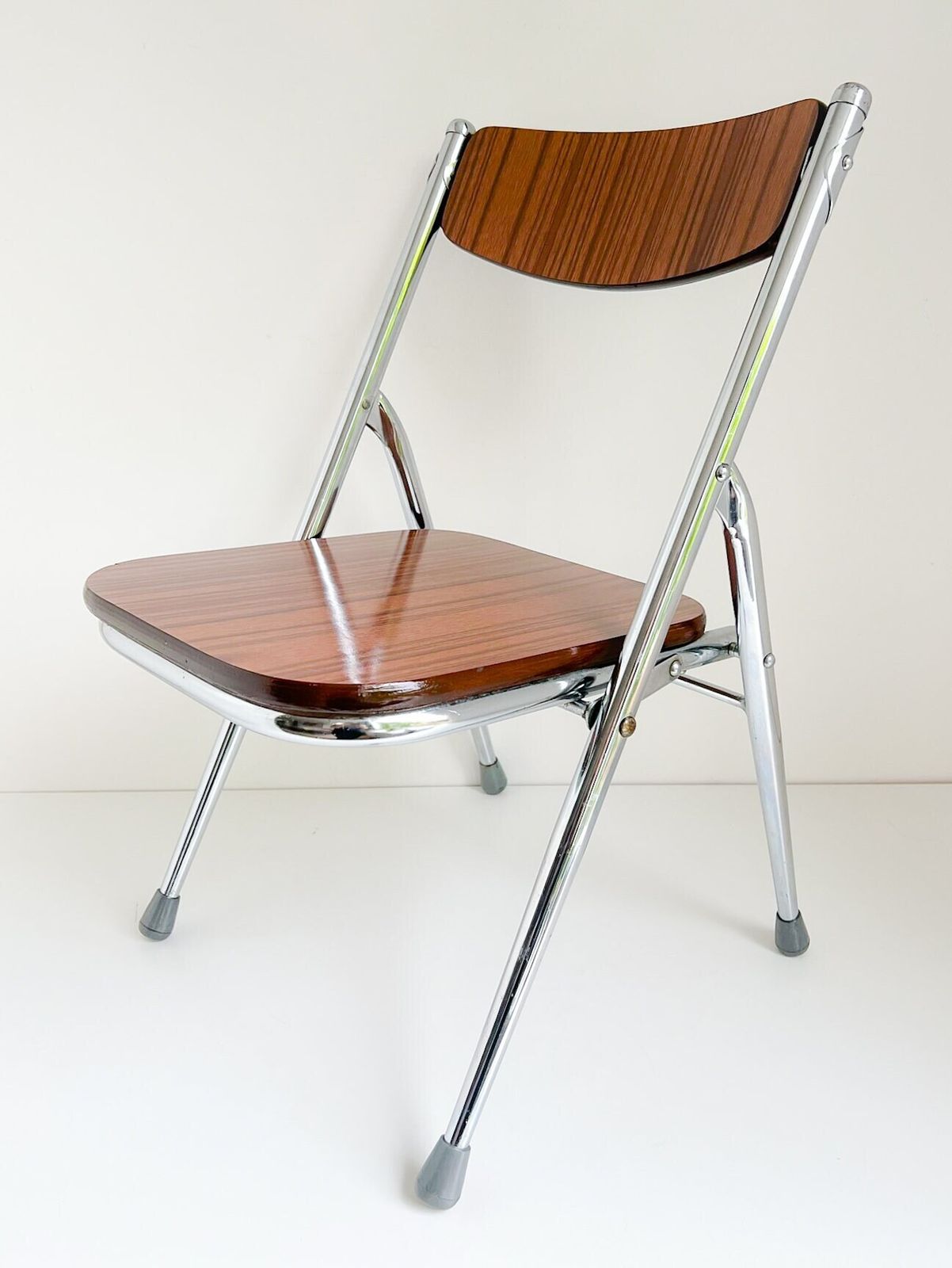 Vintage Kids Foldable Chair   Chrome Tubular Frame, Wood   70s   Mid Century   Industrial photo for sale