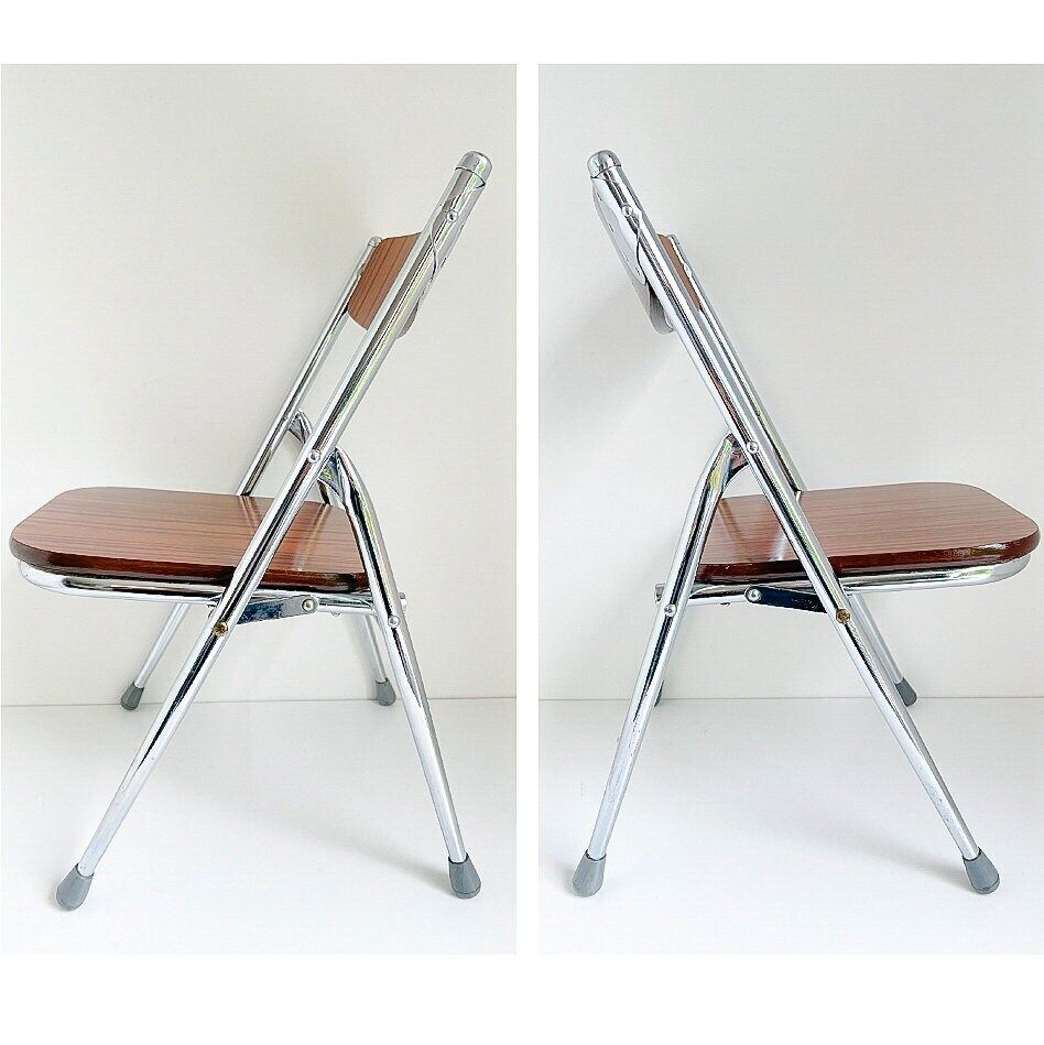 Vintage Kids Foldable Chair   Chrome Tubular Frame, Wood   70s   Mid Century   Industrial photo buy