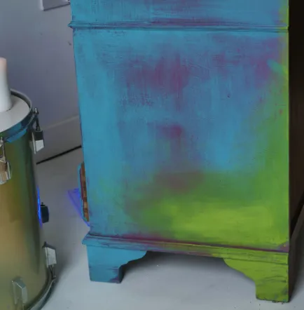 Unique Writing Bureau With Golden Details Named Rapunzel, 5 Drawers, Hand Painted Vintage Colourful Furniture Green Blue Pink Gold, Rainbow photo vintage