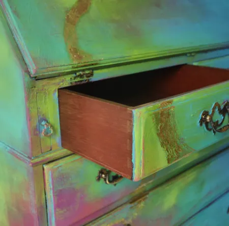 photo furniture Unique Writing Bureau With Golden Details Named Rapunzel, 5 Drawers, Hand Painted Vintage Colourful Furniture Green Blue Pink Gold, Rainbow