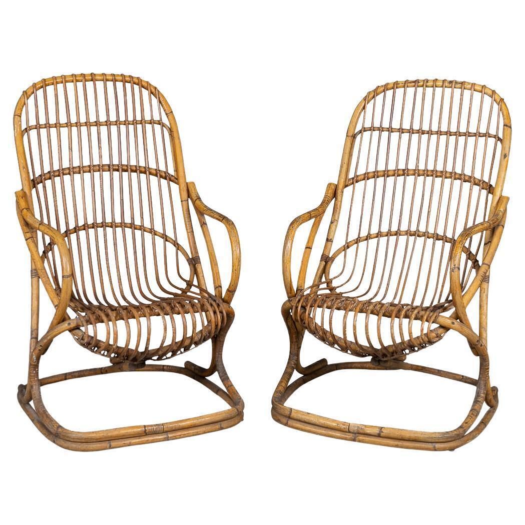 20th Century Italian Pair Of Wicker Armchairs By Tito Agnoli C.1960