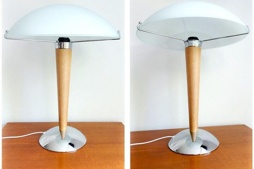 Ikea Kvintol 90s Table Lamp – Frosted Glass, Wood, Chrome – Space Age – Mushroom photo furniture