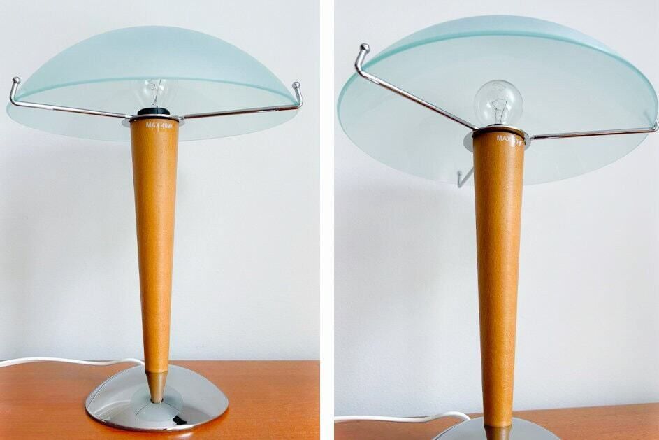 photo for sale Ikea Kvintol 90s Table Lamp – Frosted Glass, Wood, Chrome – Space Age – Mushroom