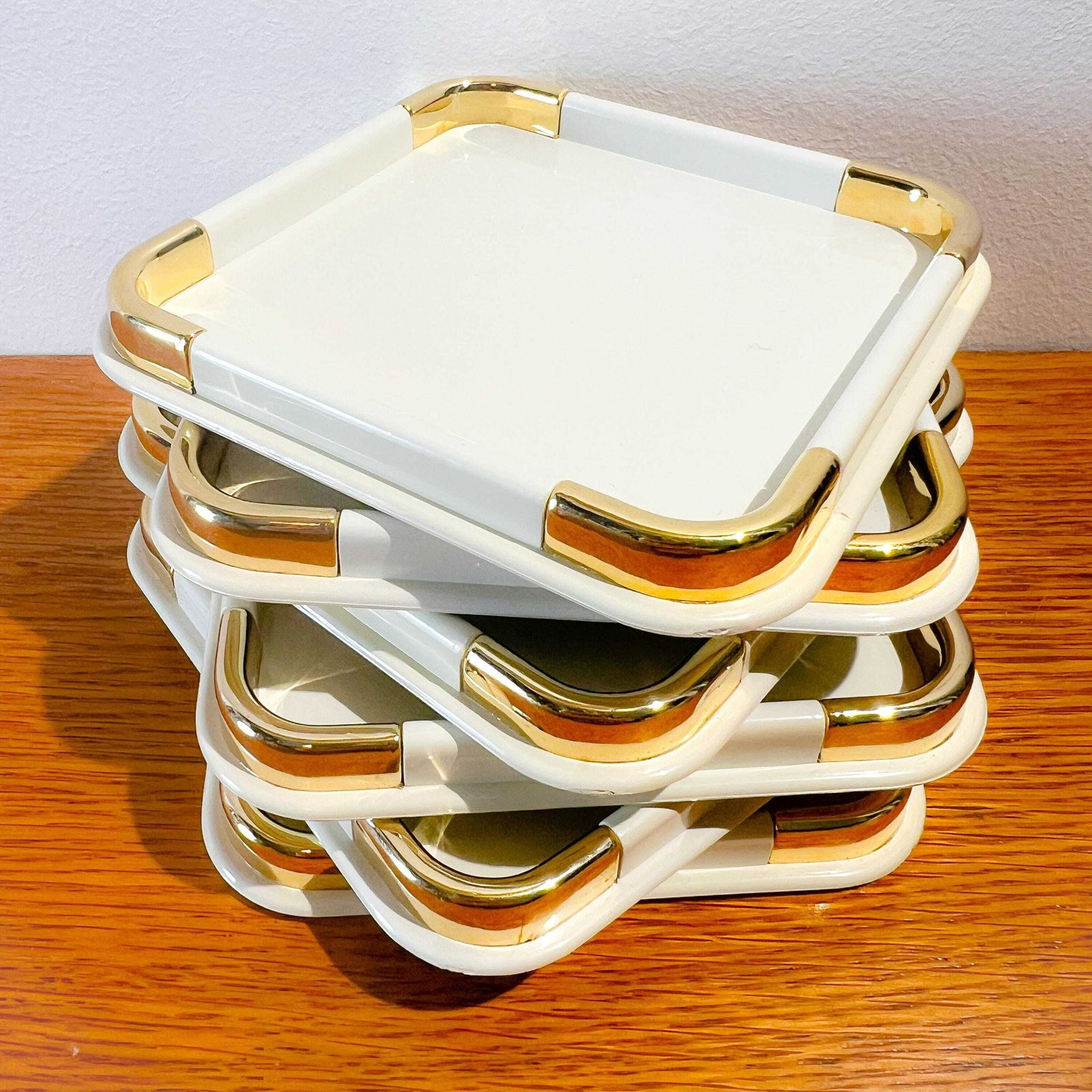 Vintage 'The Turnwald Collection' Set Of 6 Coasters (2 Sets Available)   Off White, Gold Plated   70s   Freddo Therm  Hollywood Regency  Mcm photo vinterior