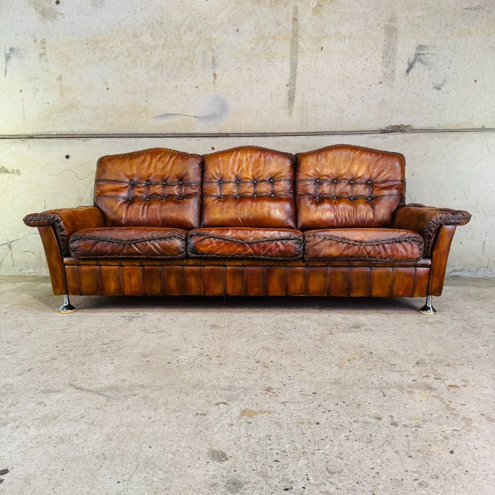 1970s Danish Rustic Tan Leather 3 Seater Sofa – Full Grain Buffalo #A597