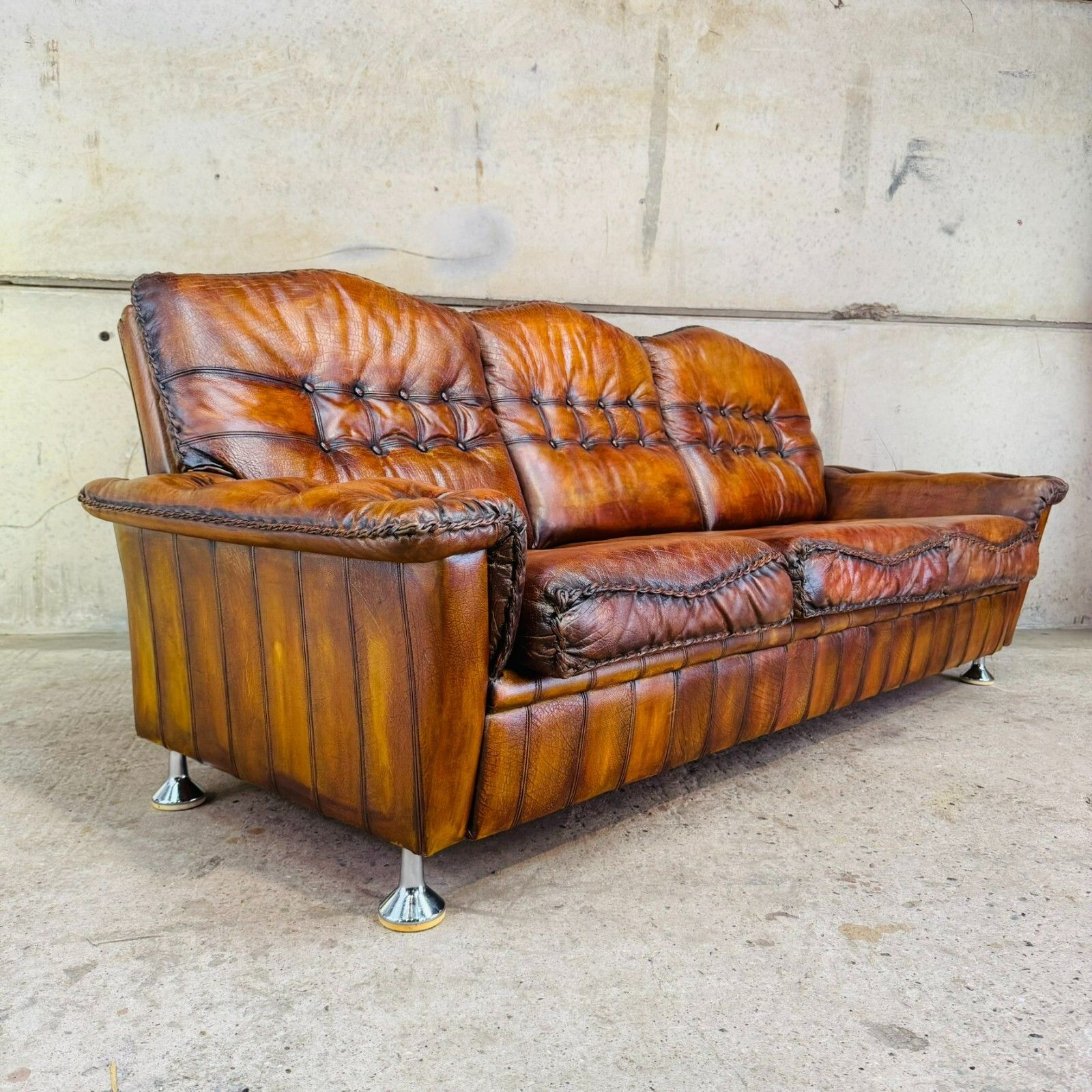 1970s Danish Rustic Tan Leather 3 Seater Sofa – Full Grain Buffalo #A597 photo vinterior