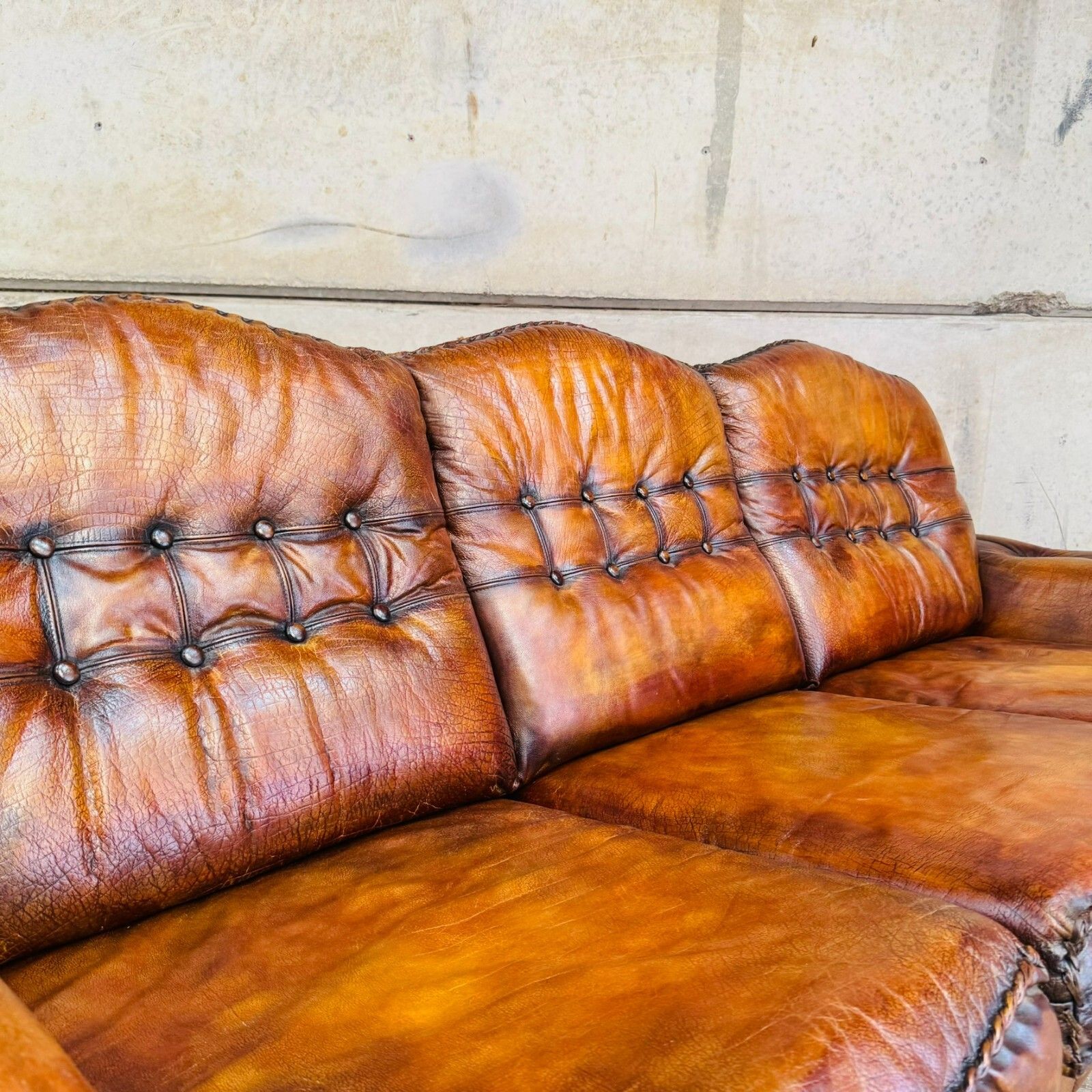 photo furniture 1970s Danish Rustic Tan Leather 3 Seater Sofa – Full Grain Buffalo #A597