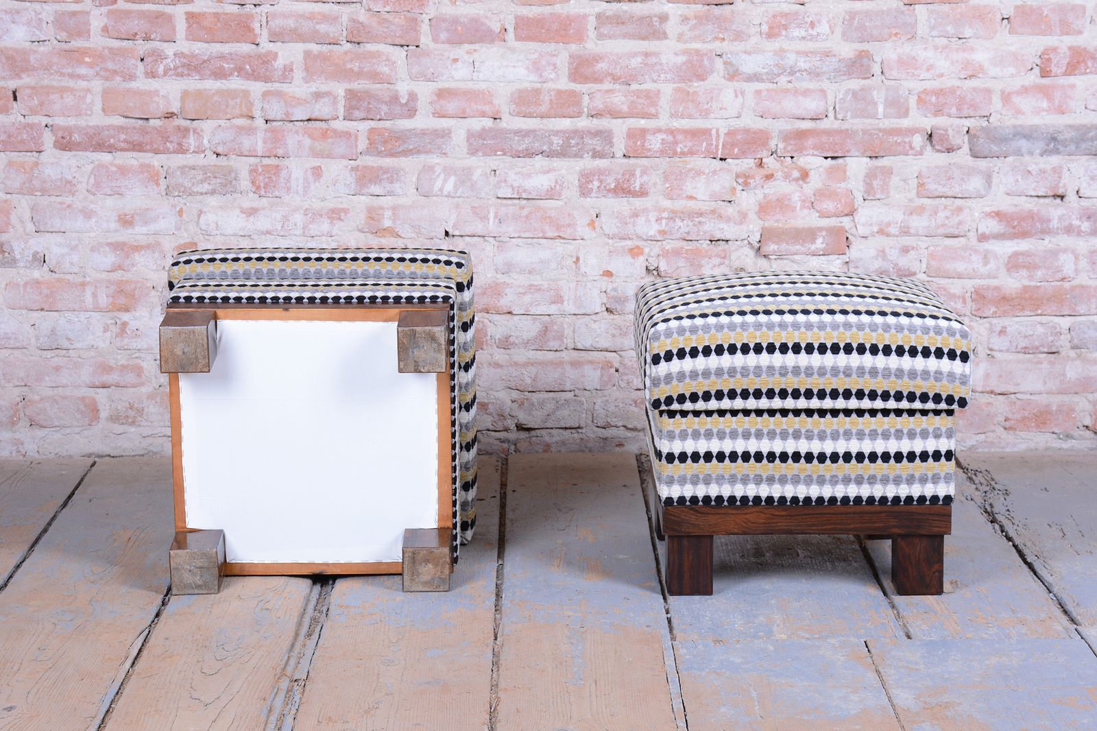 photo vinterior Pair Of Restored Art Deco Stools, Palisander, Reupholstered, Czech, 1920s