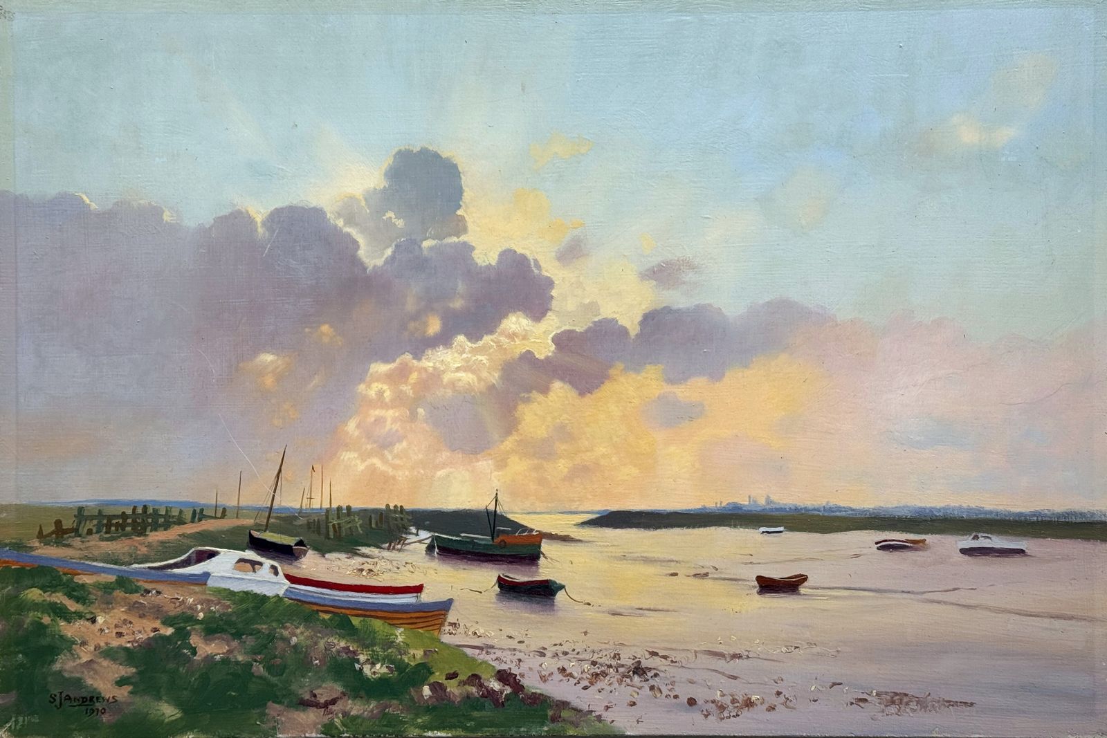 Stanley J Andrews Rsma (British 20c) Oil On Board Estuary Scene