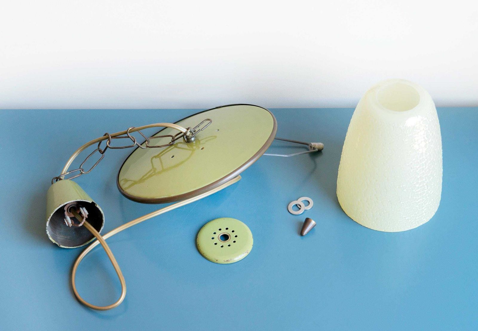 photo for sale Vintage Green Pendant Light, 1970s Design, Decorative Enamel Lamp, Mid Century Modern, Retro Milk Glass Hanging Light