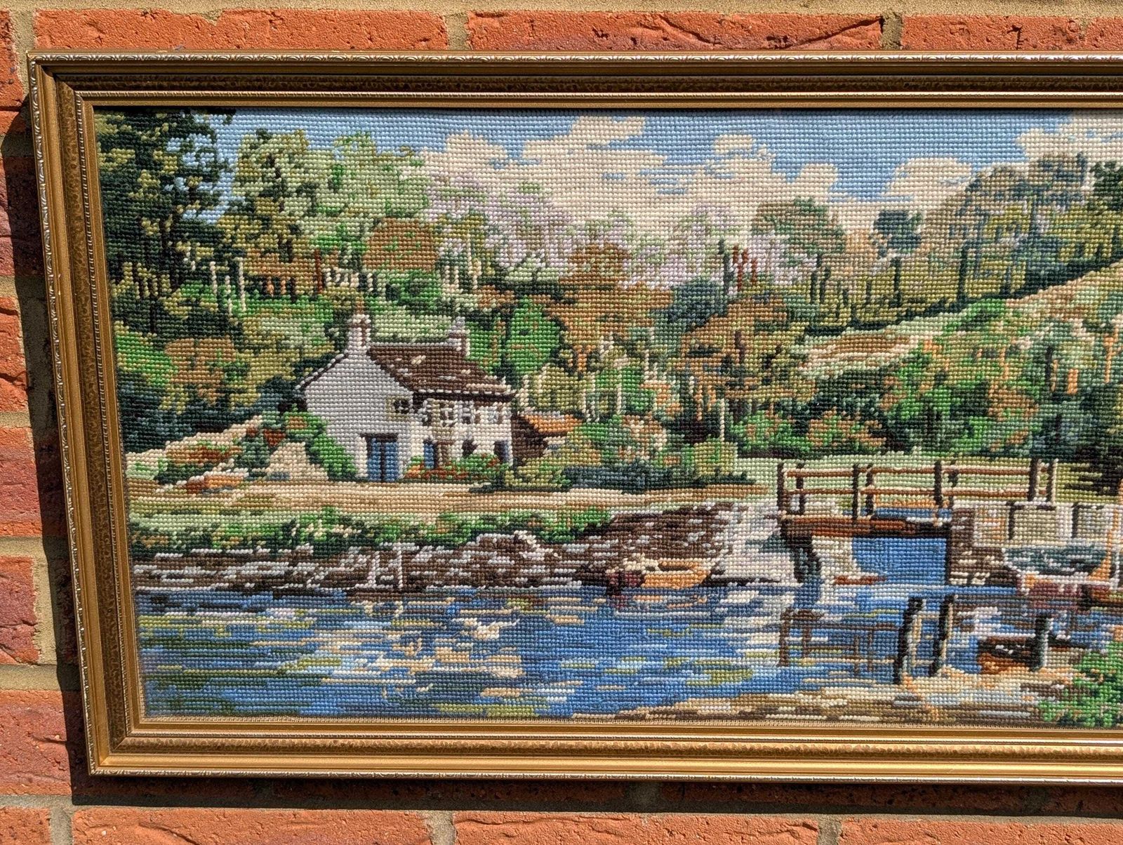 Vintage Handmade English Picturesque Completed Pill Creek Cornwall Tapestry Canvas, Signed & Dated 1993. Made In England. photo 55.0