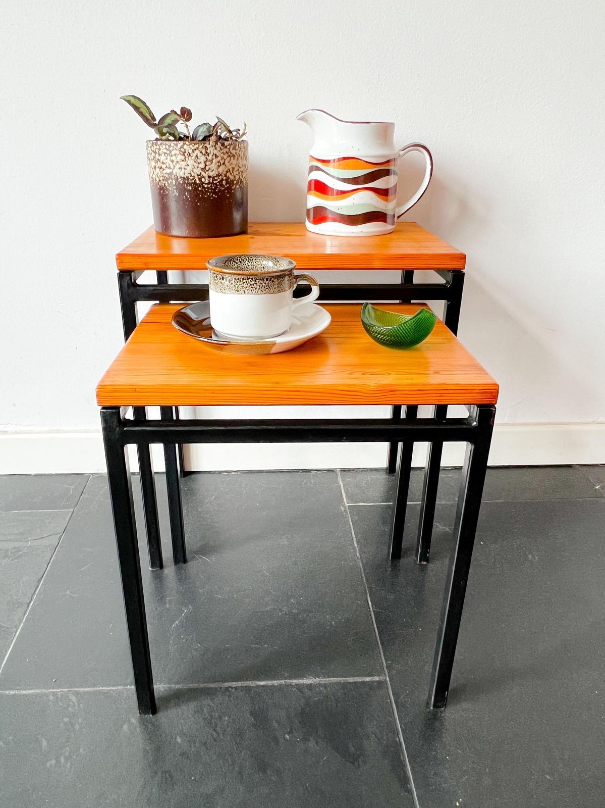 Vintage Side Tables / Nesting Tables   Wood, Metal   Mid Century   Mimi Set   Pastoe   Dutch Design   Cees Braakman photo for sale