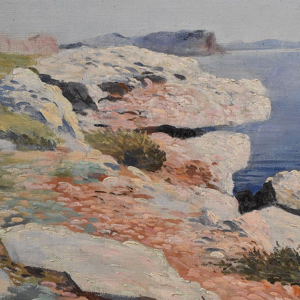 Antique Oil Seascape Painting With Marine, Oil On Canvas, 20th Century. photo vinterior