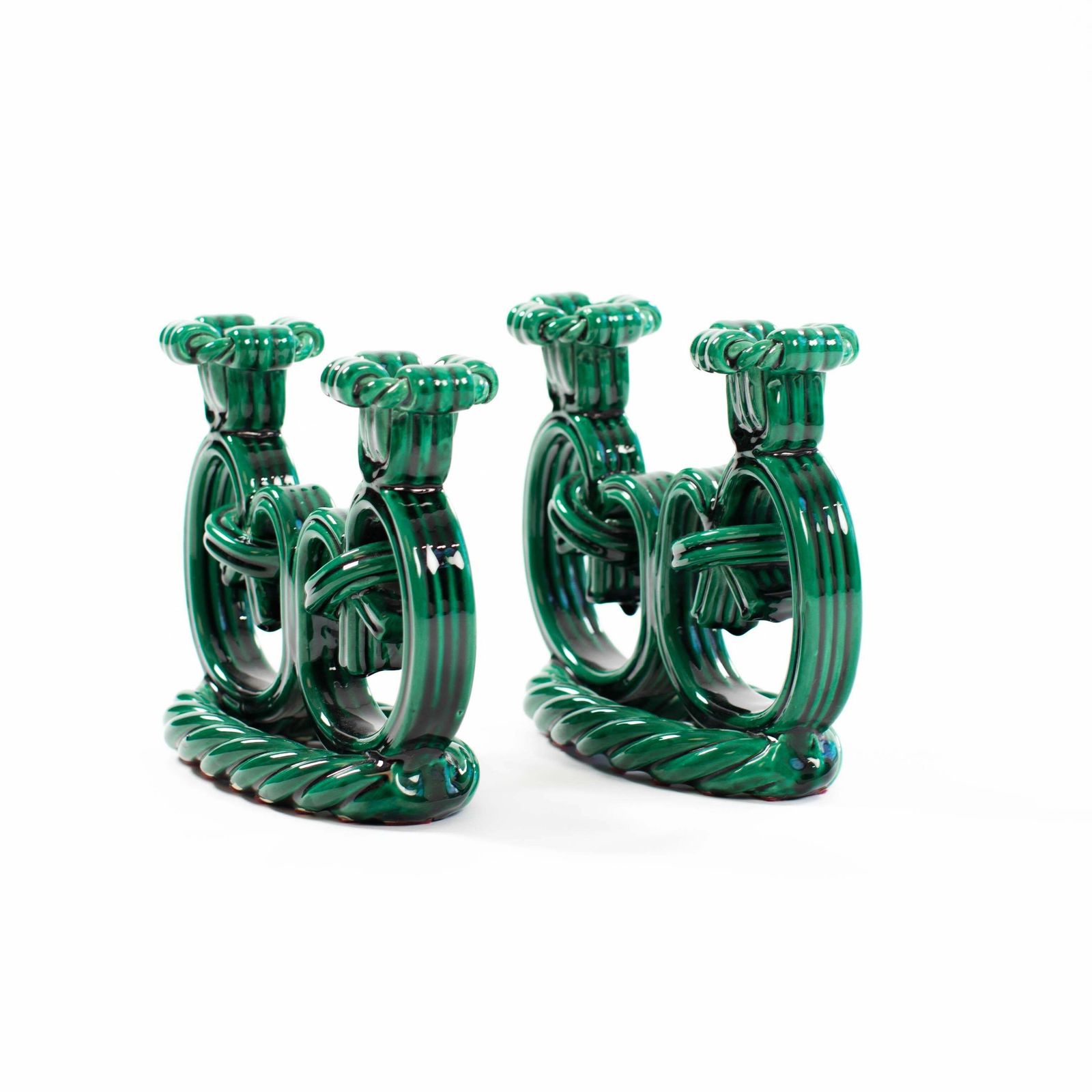 Pair Of French Art Déco Ceramic Candlesticks In Fir Green Cord Look 1930s photo Home Decor