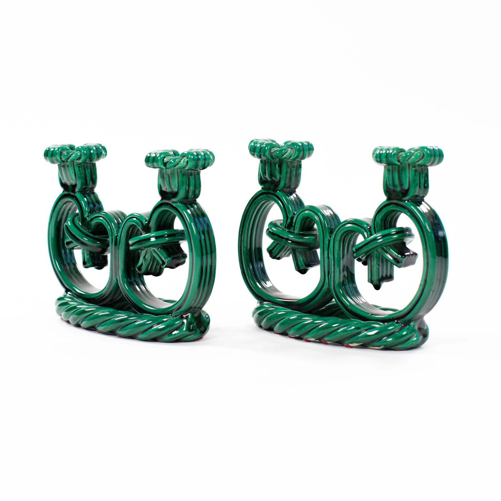 Pair Of French Art Déco Ceramic Candlesticks In Fir Green Cord Look 1930s photo buy