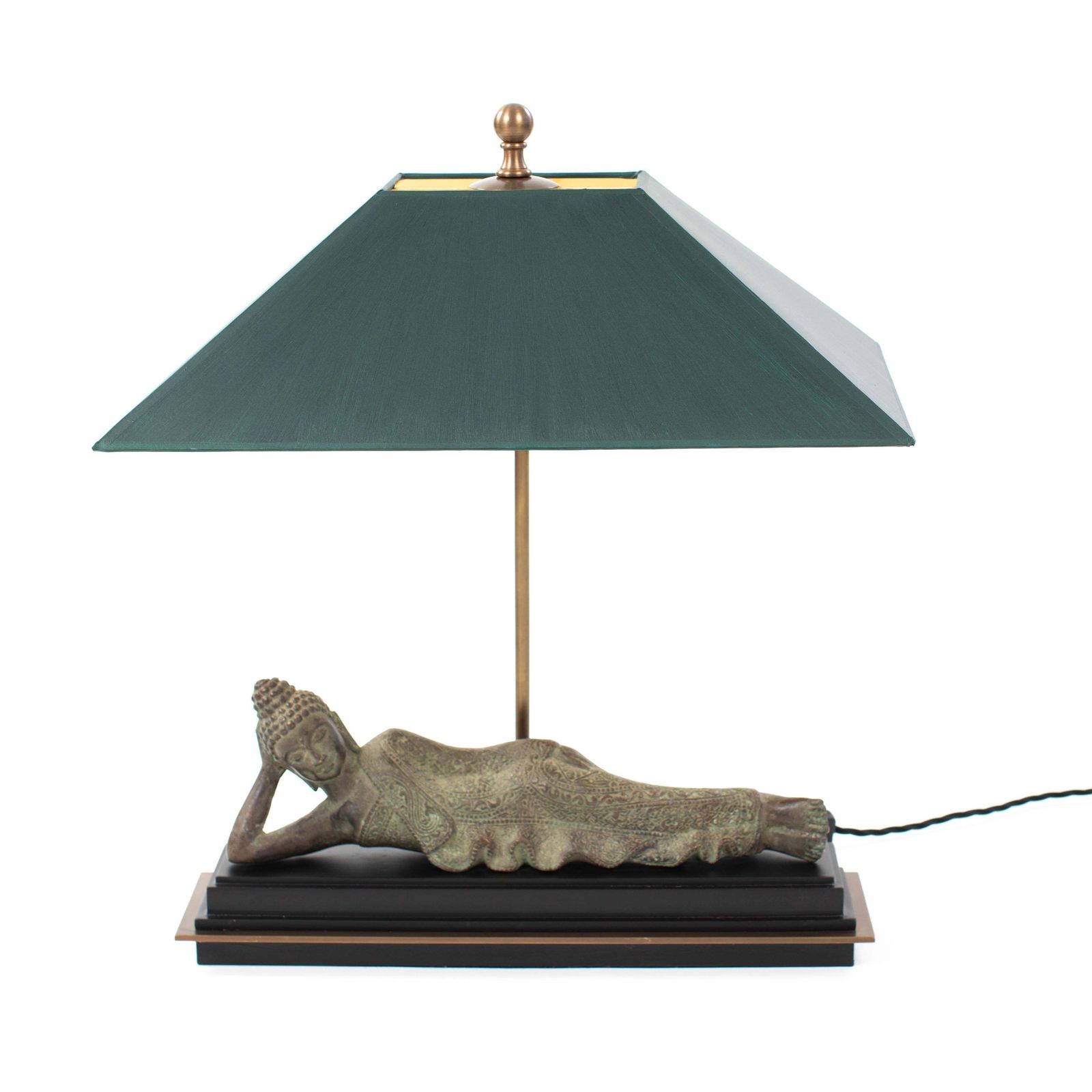Asian Figural Bronze Table Lamp Of A Lying Buddha With Green Shade Myanmar 1920s photo for sale