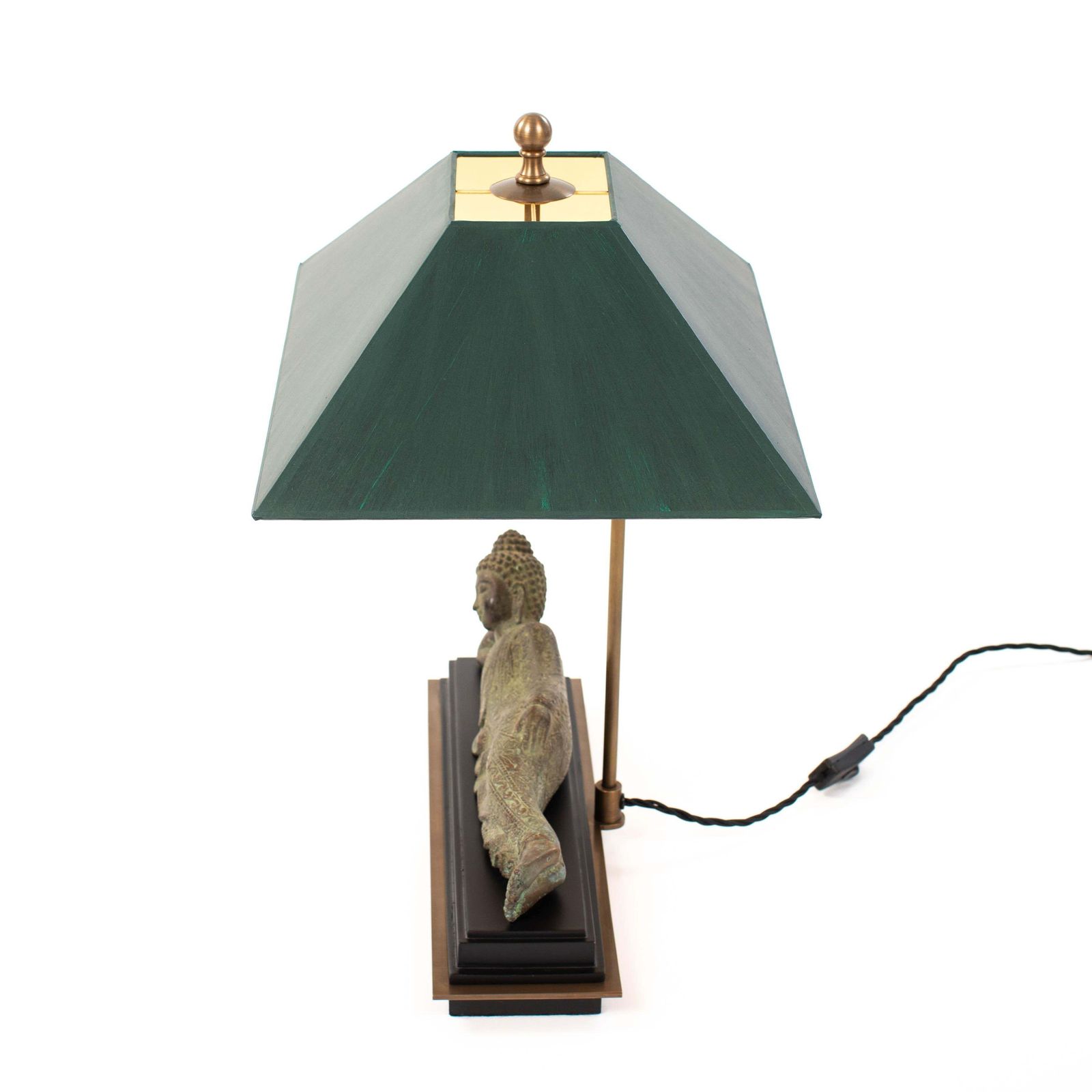 Asian Figural Bronze Table Lamp Of A Lying Buddha With Green Shade Myanmar 1920s photo 3598.0