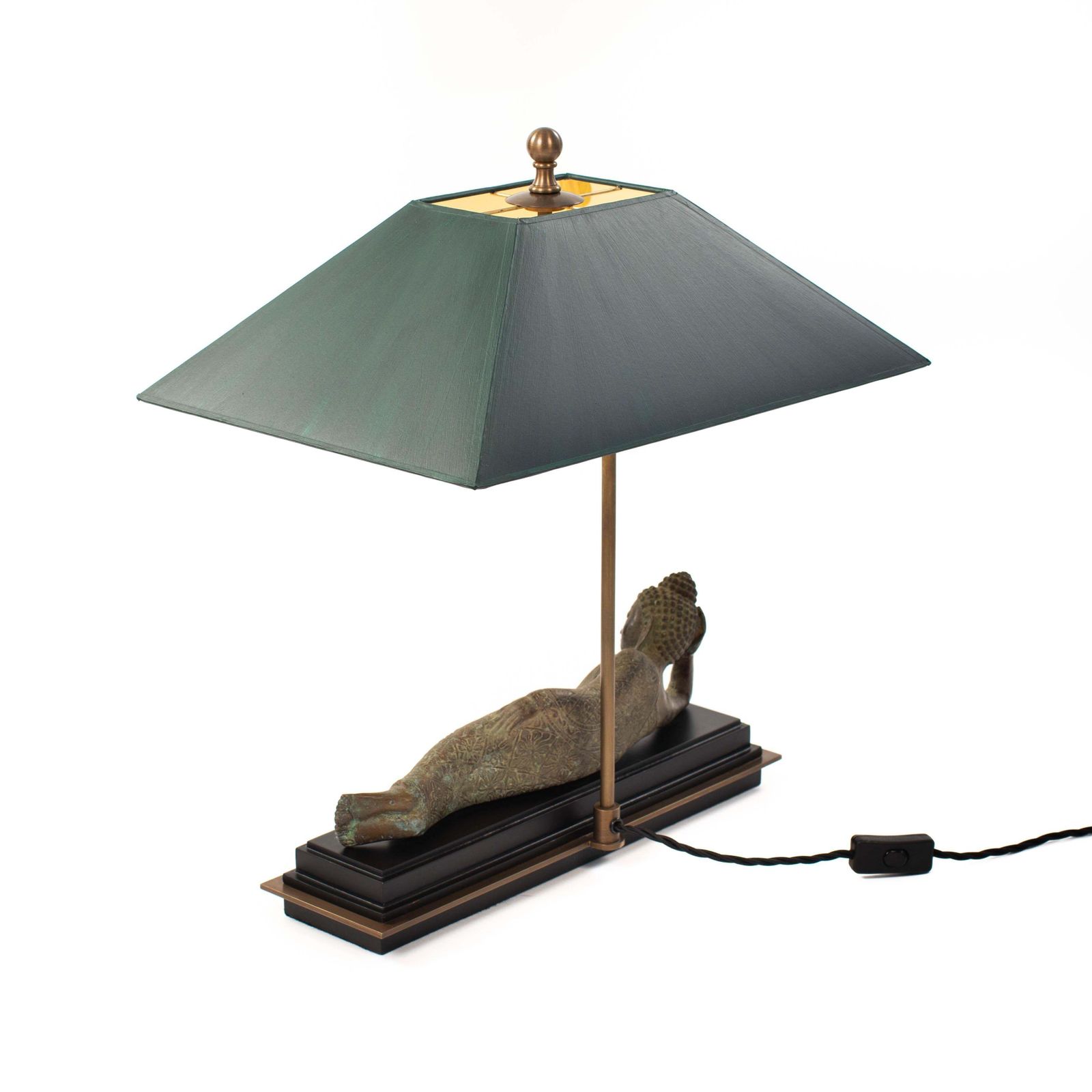 Asian Figural Bronze Table Lamp Of A Lying Buddha With Green Shade Myanmar 1920s photo vinterior