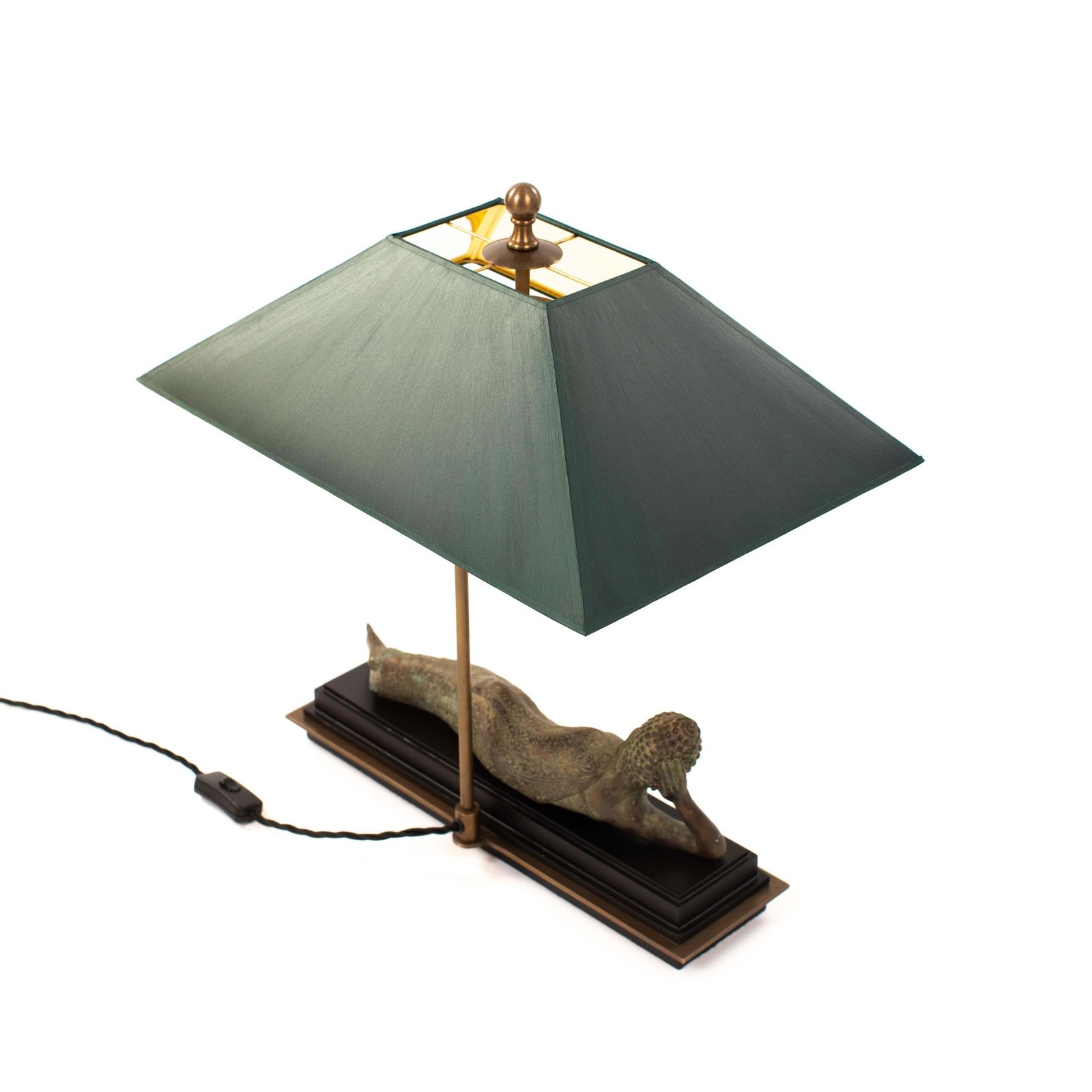 Asian Figural Bronze Table Lamp Of A Lying Buddha With Green Shade Myanmar 1920s photo vintage