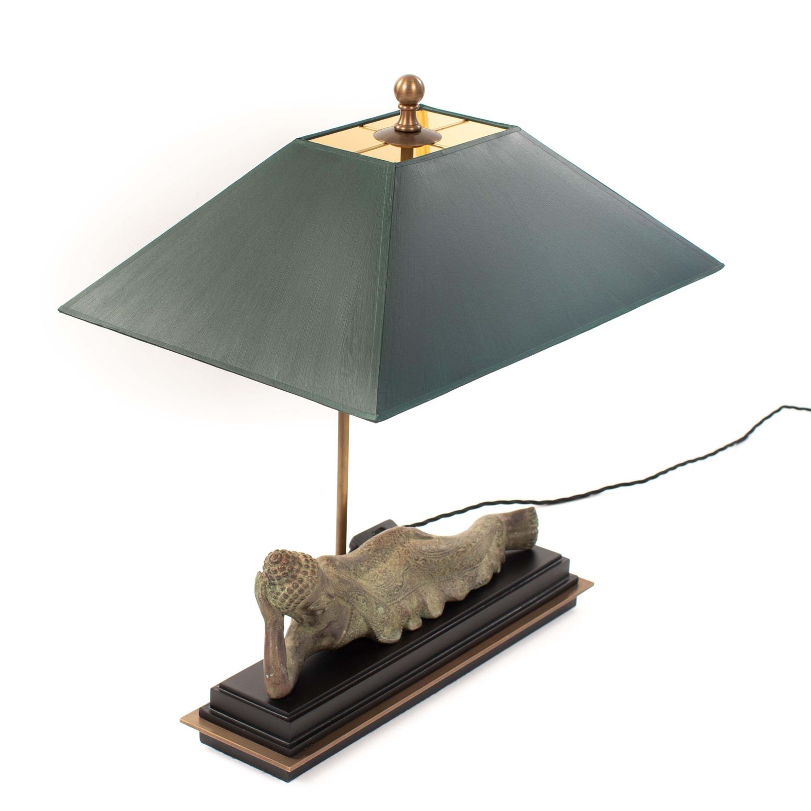 photo furniture Asian Figural Bronze Table Lamp Of A Lying Buddha With Green Shade Myanmar 1920s