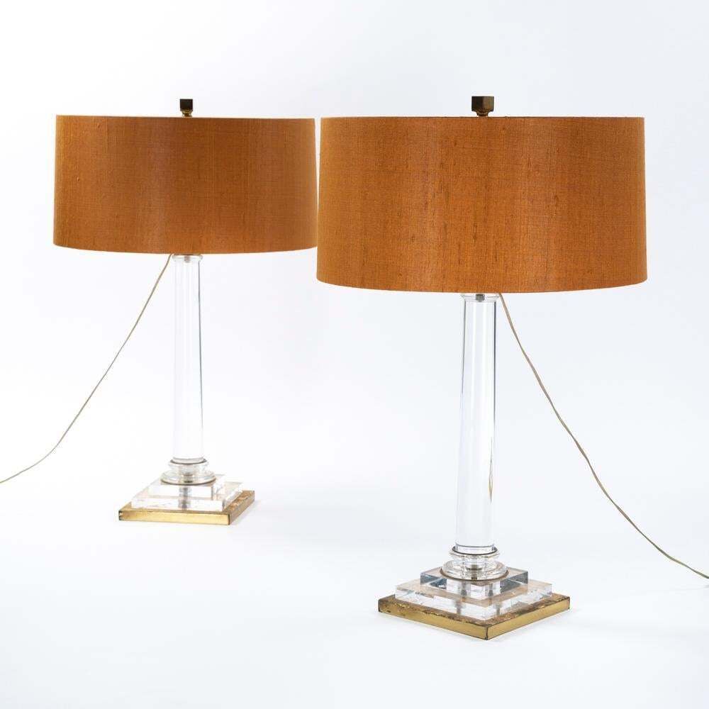 Pair Of Italian Mid Century Acrylic Table Lamps Gilded Base By F. Loffredo 1960s photo for sale