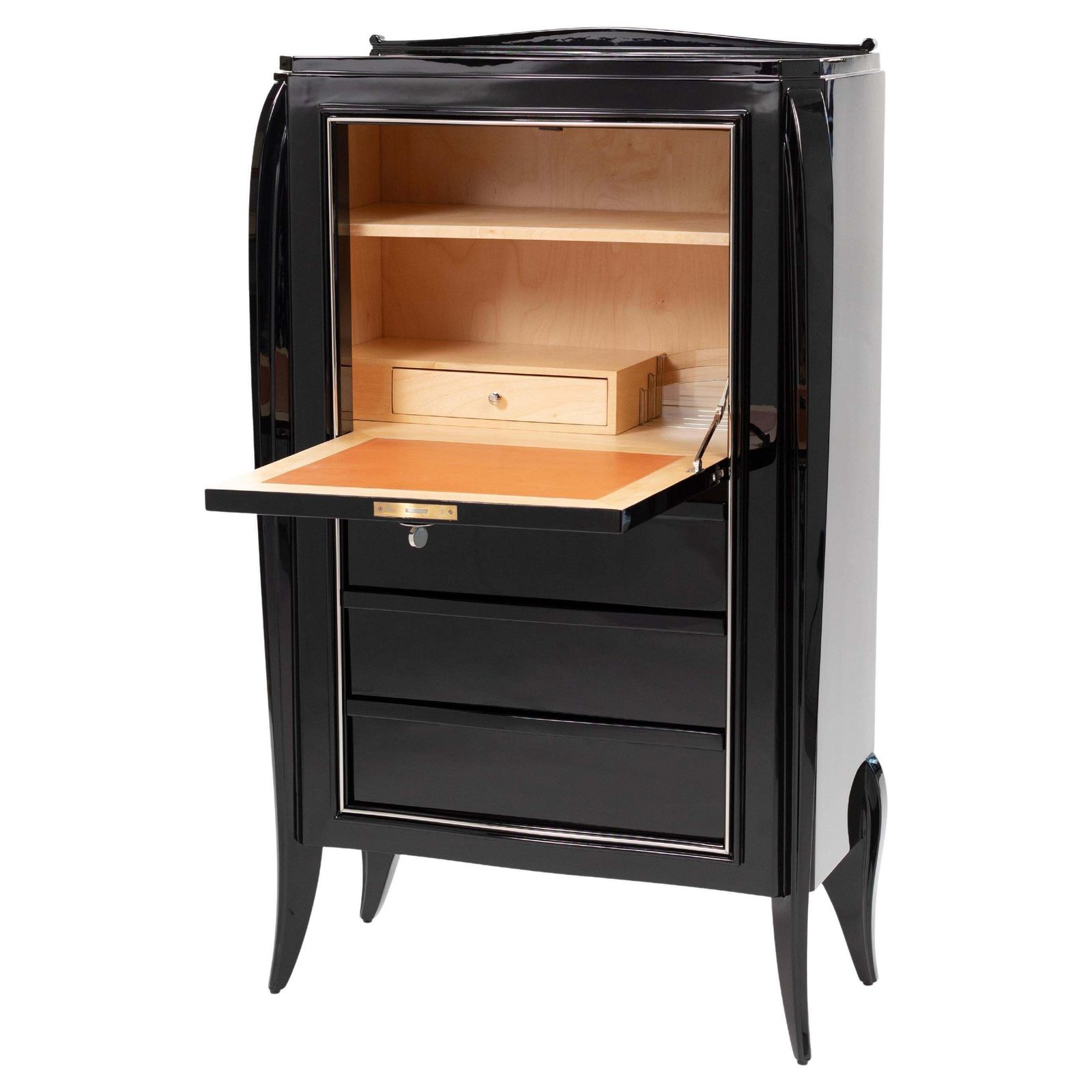 French Art Déco Secretaire Black High Gloss Lacquer Nickel Plated Fittings 1925