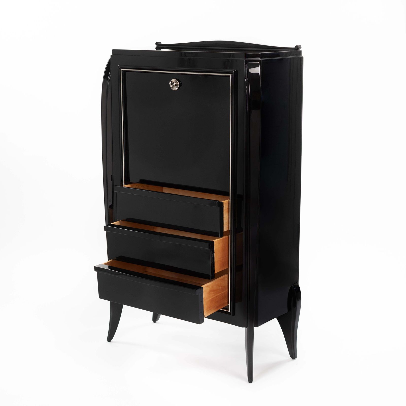 French Art Déco Secretaire Black High Gloss Lacquer Nickel Plated Fittings 1925 photo buy