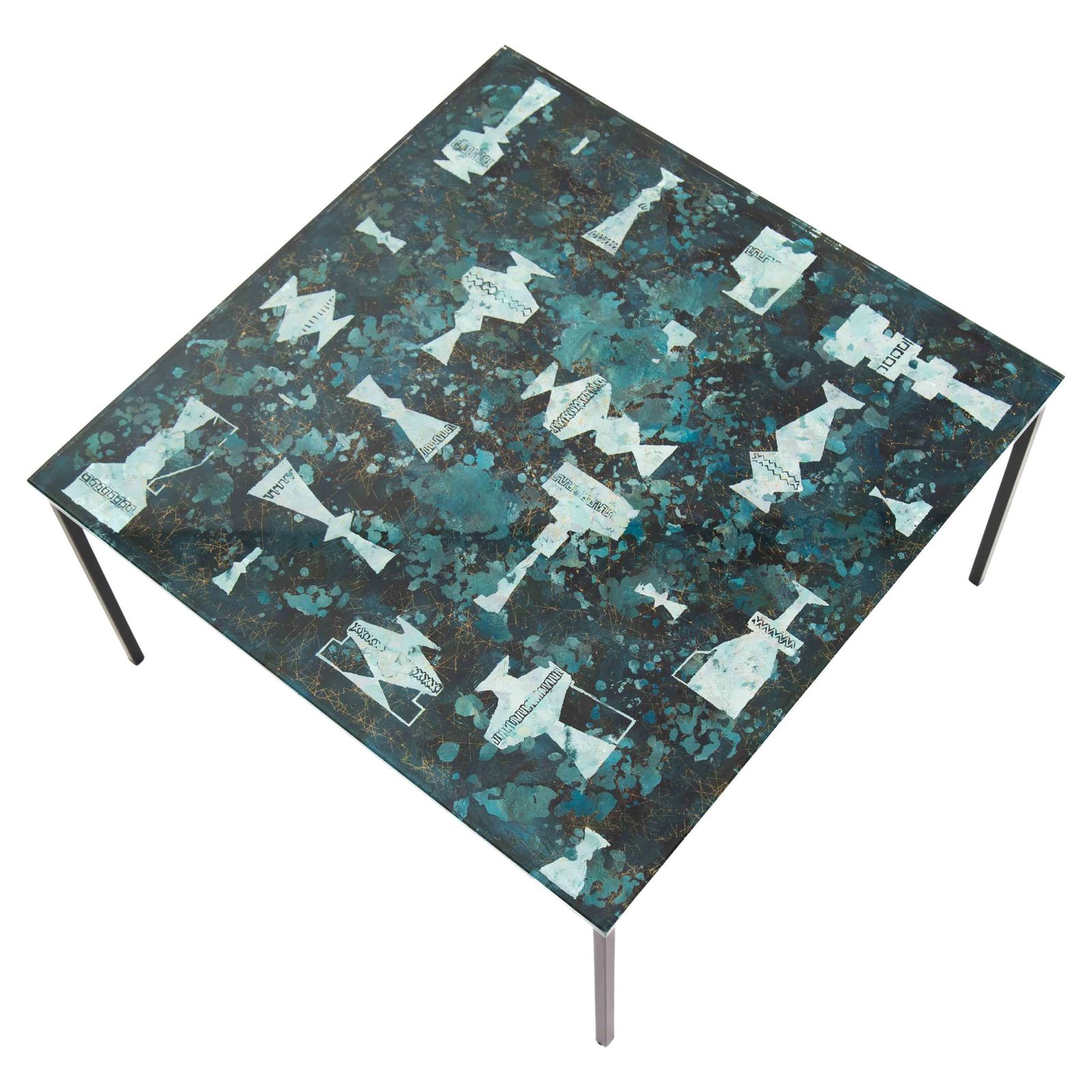 Italian Mid Century Sofa Table Abstract Decor In Turquoise Green Gold Glass Top