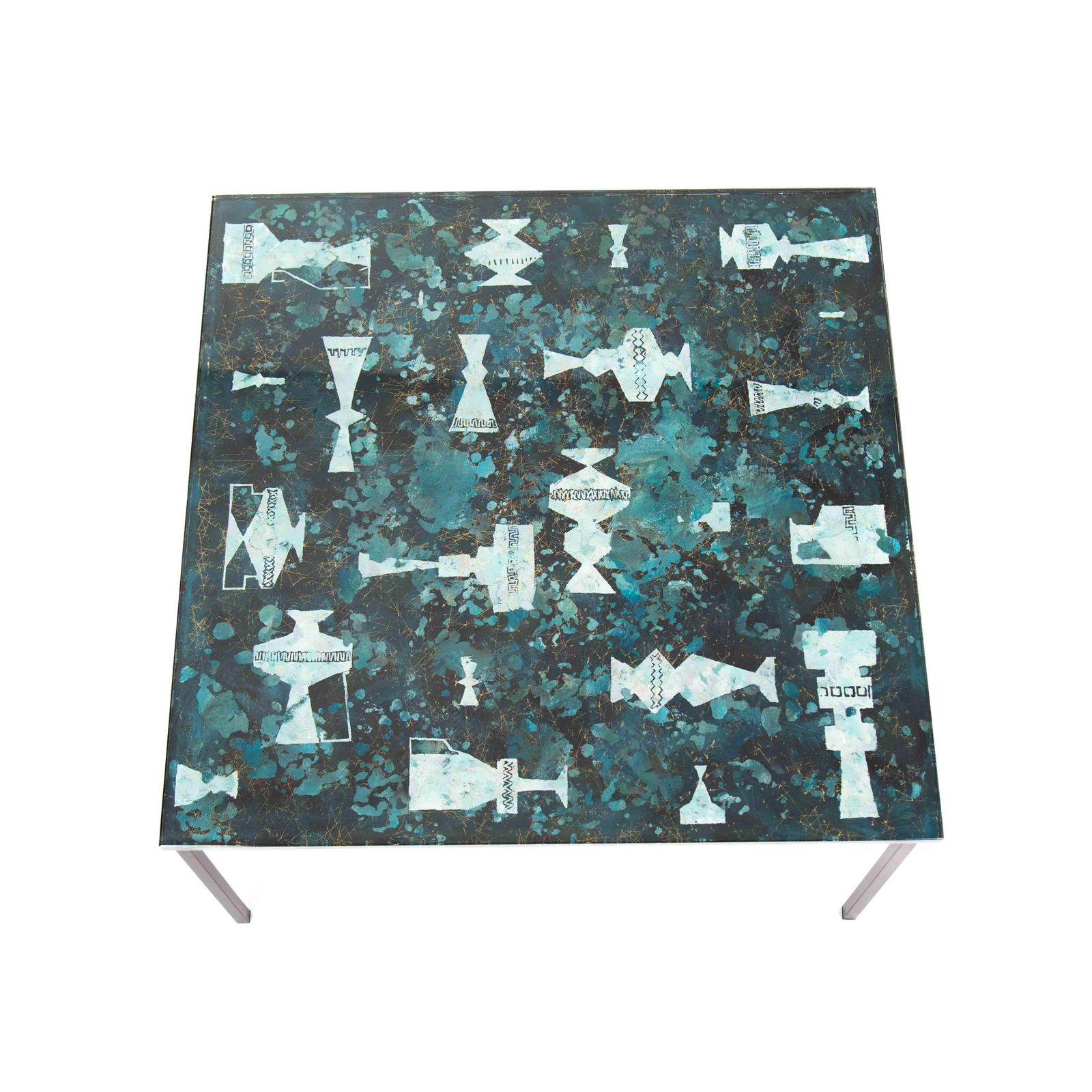 Italian Mid Century Sofa Table Abstract Decor In Turquoise Green Gold Glass Top photo furniture