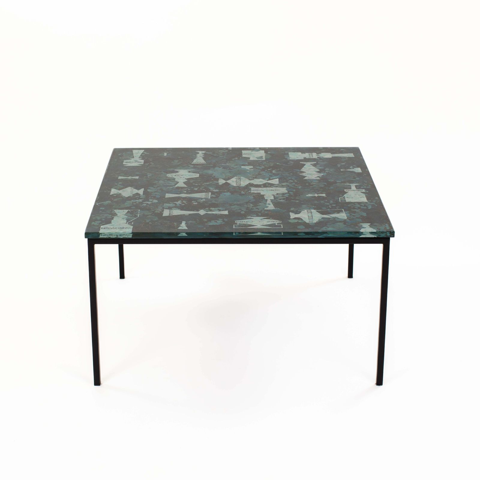 Italian Mid Century Sofa Table Abstract Decor In Turquoise Green Gold Glass Top photo Furniture