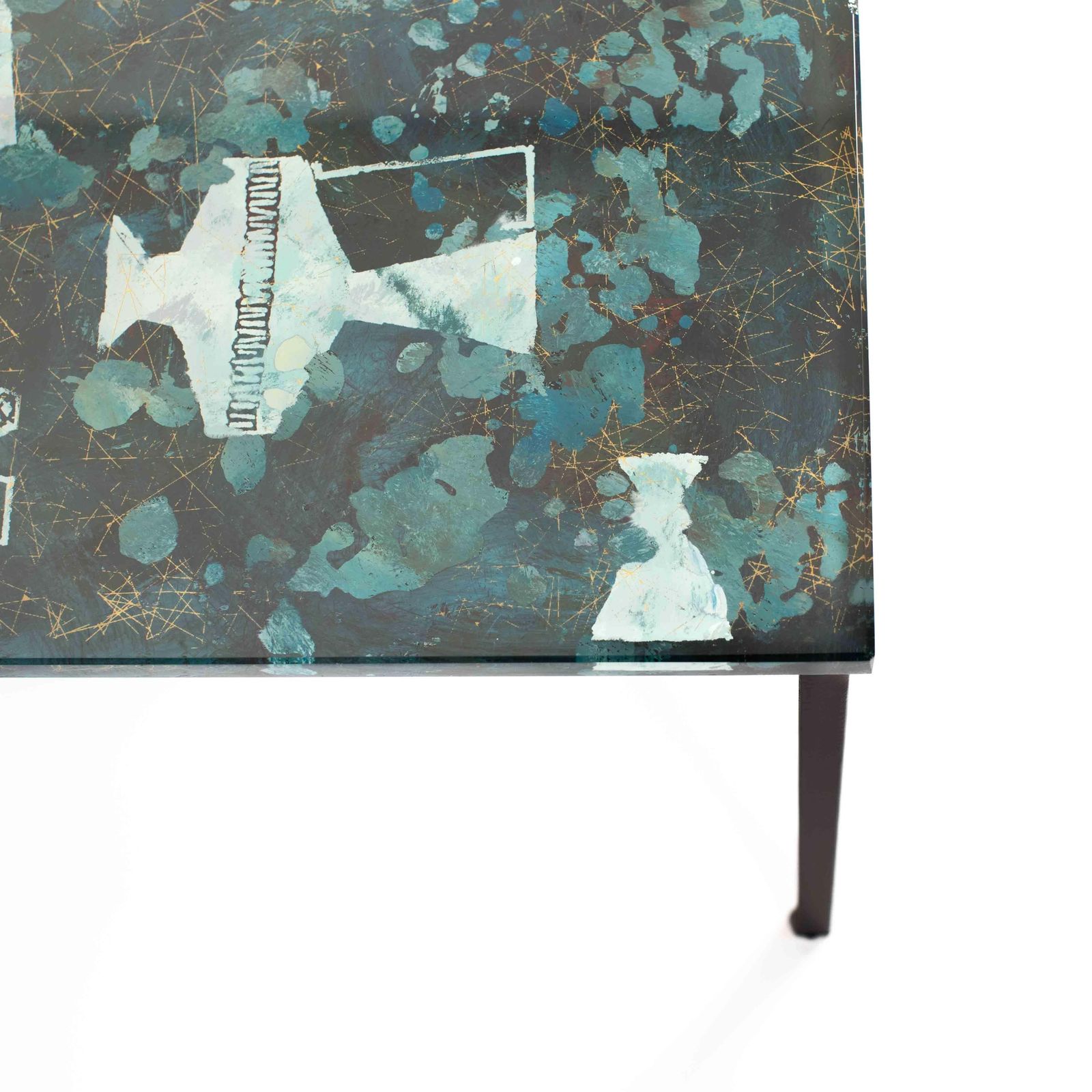 Italian Mid Century Sofa Table Abstract Decor In Turquoise Green Gold Glass Top photo vinterior