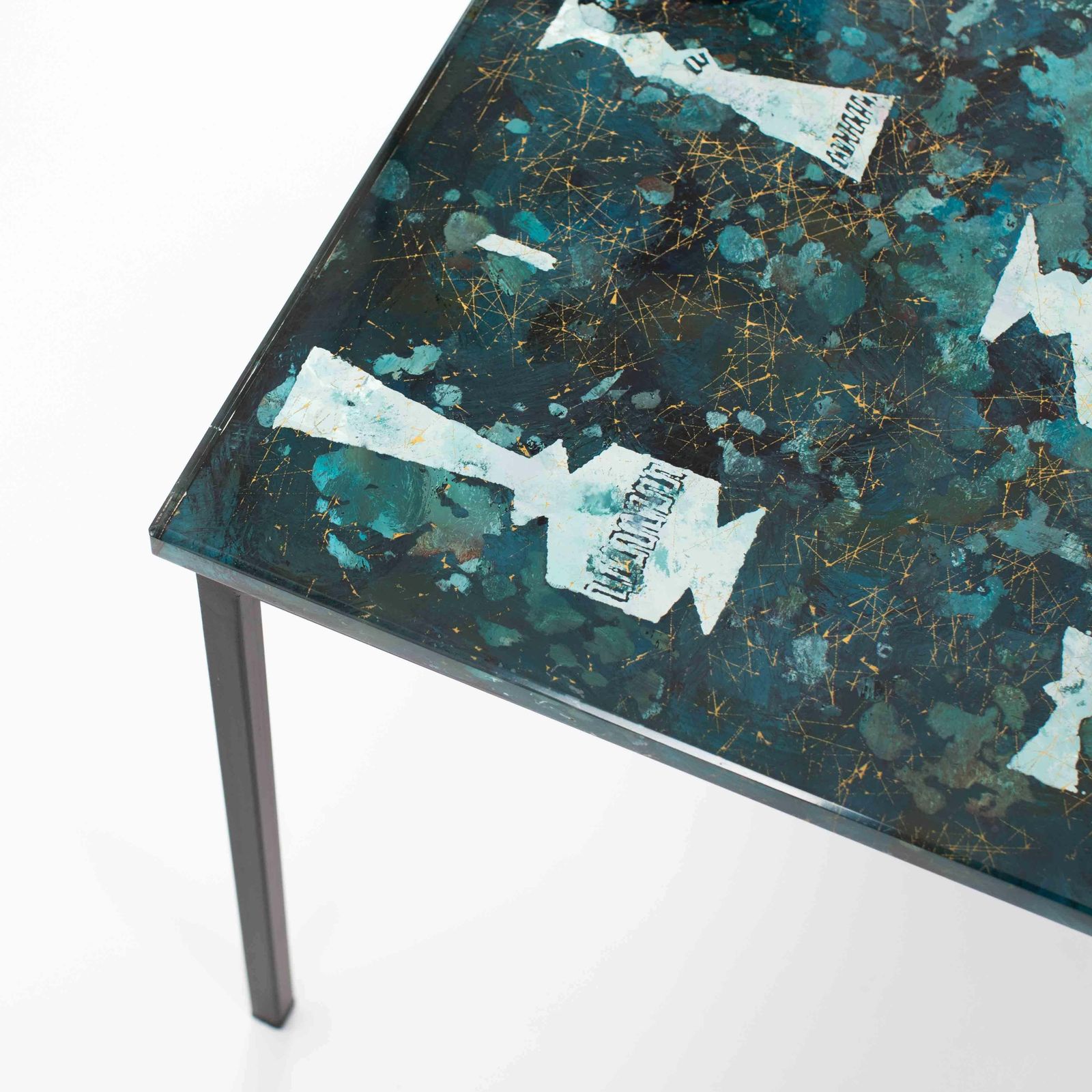 Italian Mid Century Sofa Table Abstract Decor In Turquoise Green Gold Glass Top photo vintage