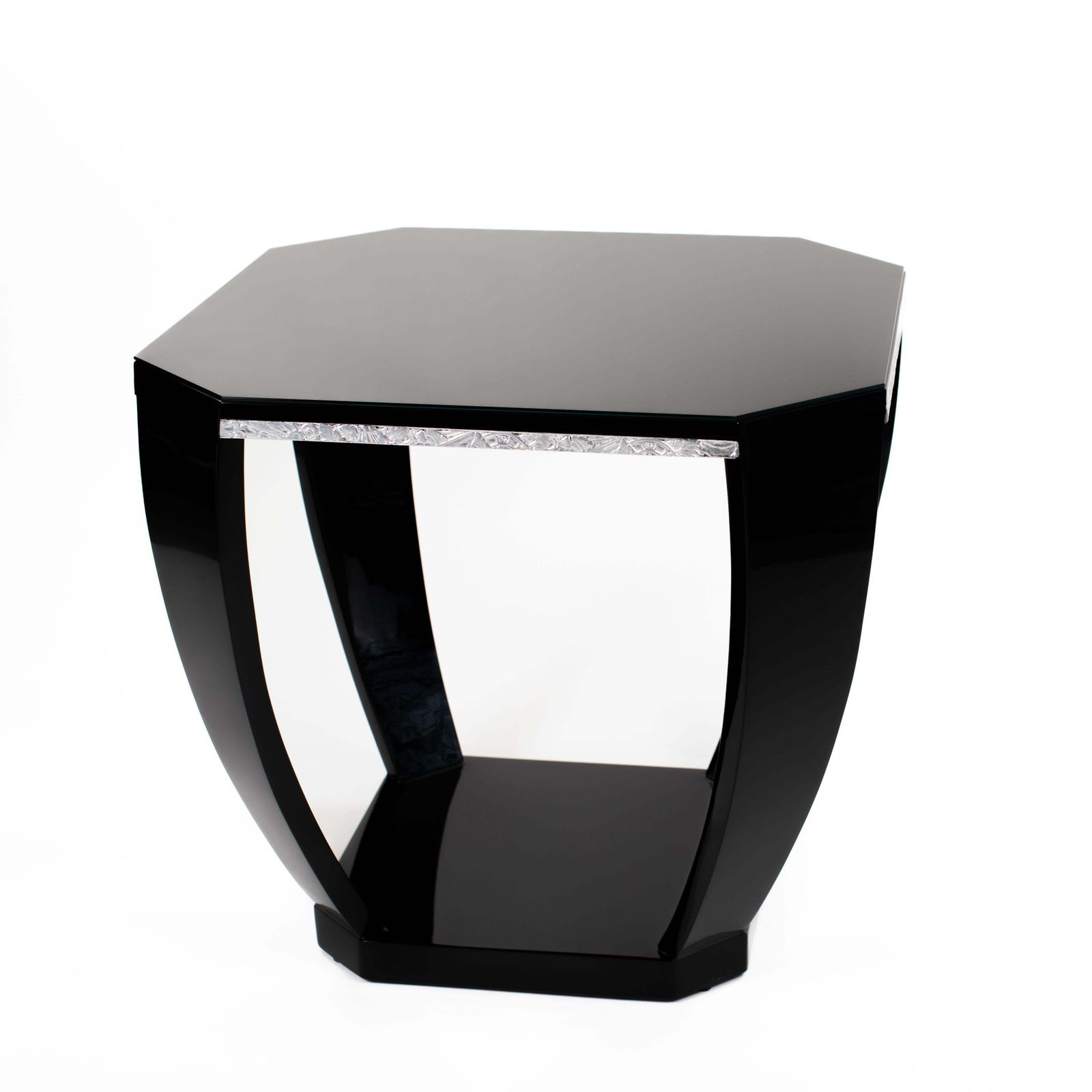 French Art Déco Gueridon Black High Gloss Lacquer Silver Plated Carvings 1920s photo furniture