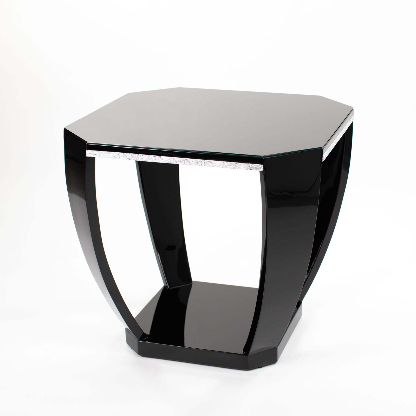 French Art Déco Gueridon Black High Gloss Lacquer Silver Plated Carvings 1920s photo for sale