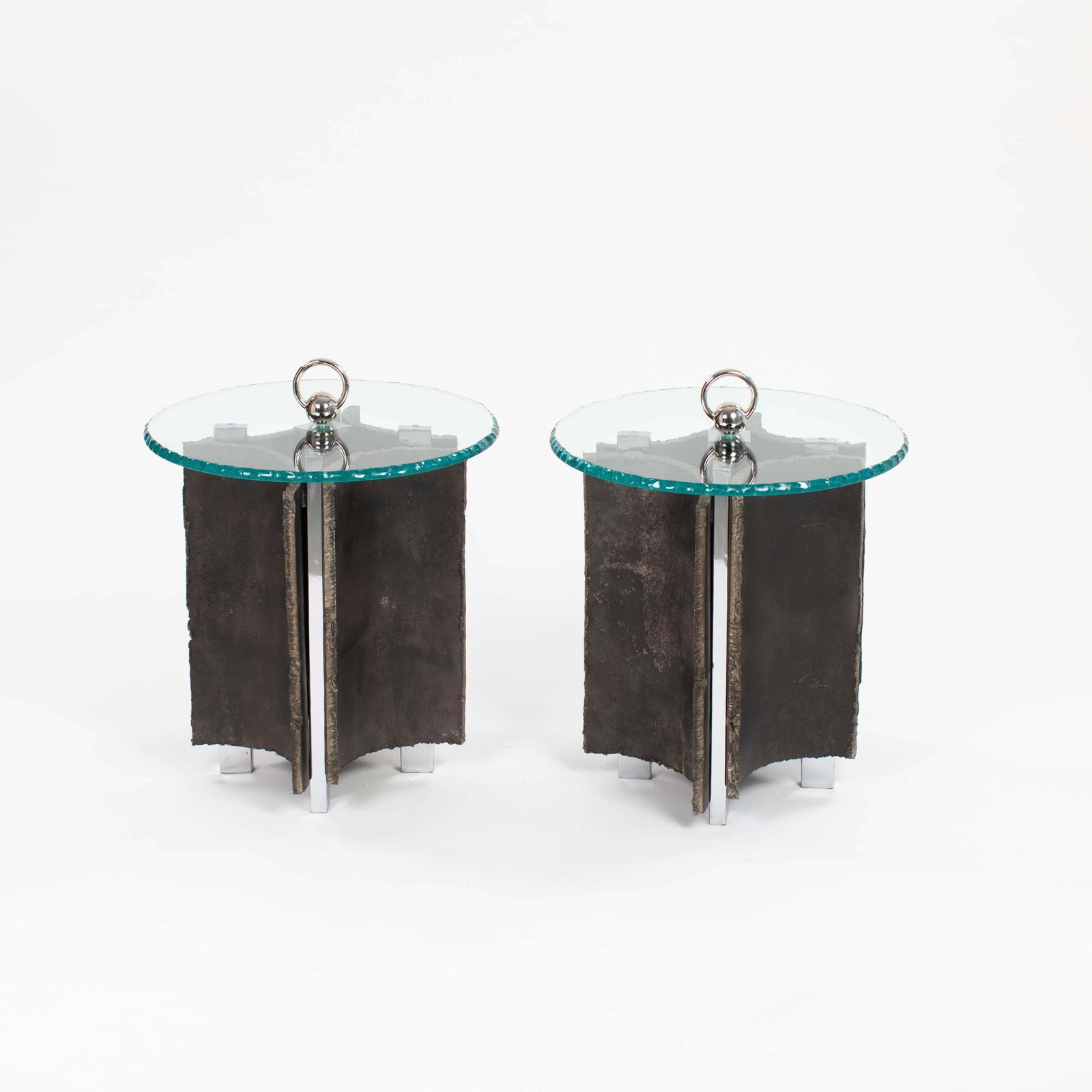 Mid Century Italian Brutalist Side Tables Iron Glass Nickel By Banci, Florence photo furniture